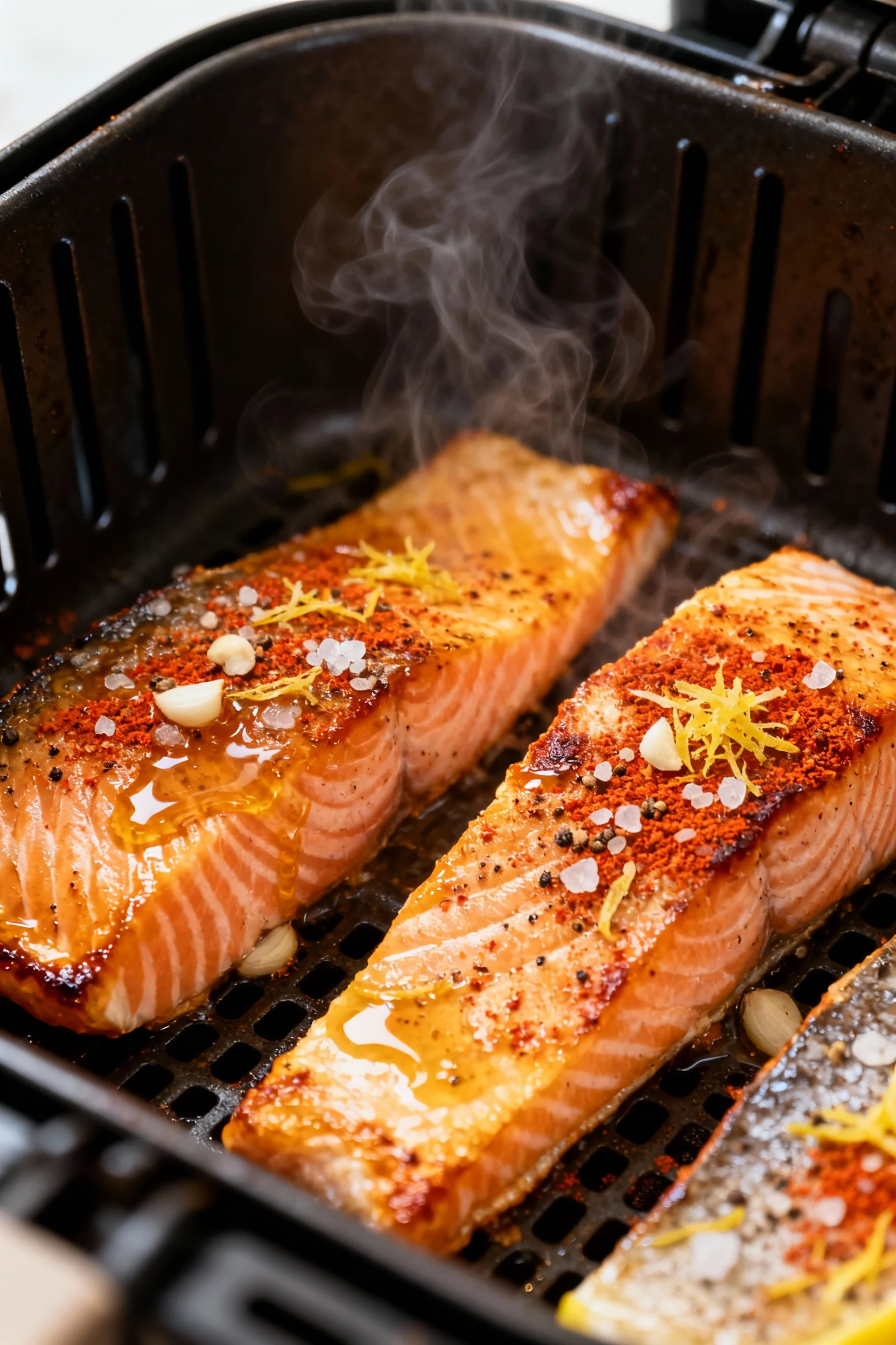 Air fryer basket shot: skin-side-down salmon fillets seasoned with paprika, garlic, salt, and pepper, lightly brushed wi