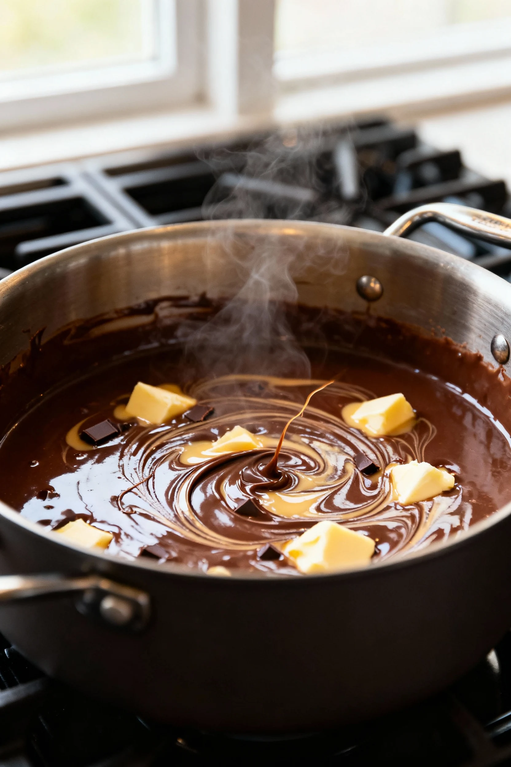 Close-up of glossy molten chocolate fudge base (semi-sweet chocolate, sweetened condensed milk, butter) stirred off-heat