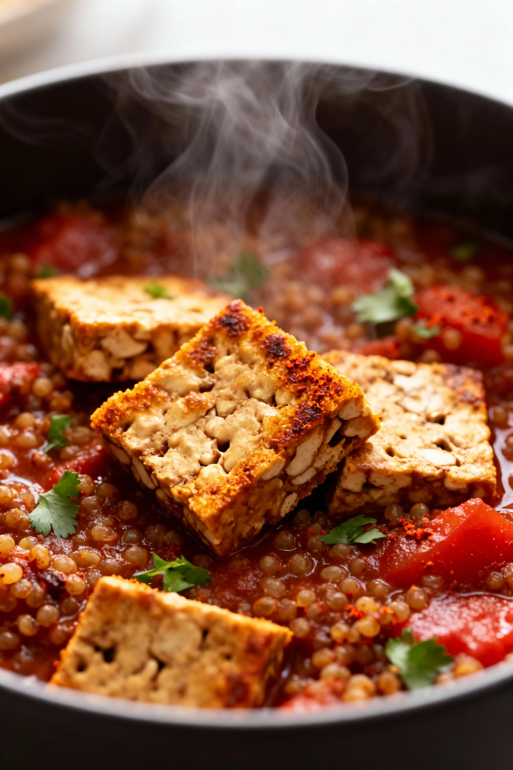 Close-up of browned tempeh cubes with golden crisp edges nestled into thick, smoky quinoa chili, steam rising, rich red 