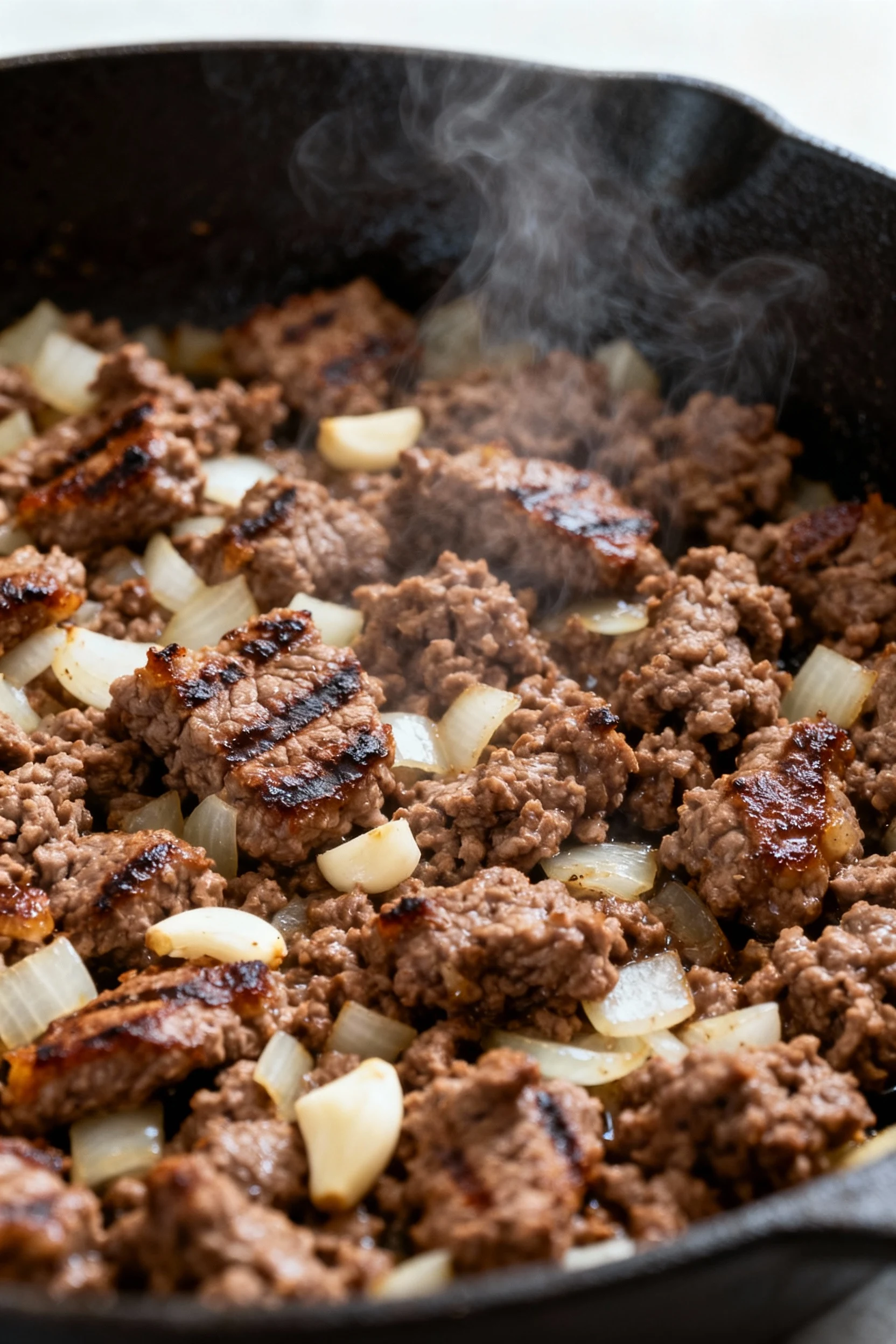 Close-up of sizzling browned ground beef with diced onion and garlic in a cast-iron skillet, visible sear marks and rich