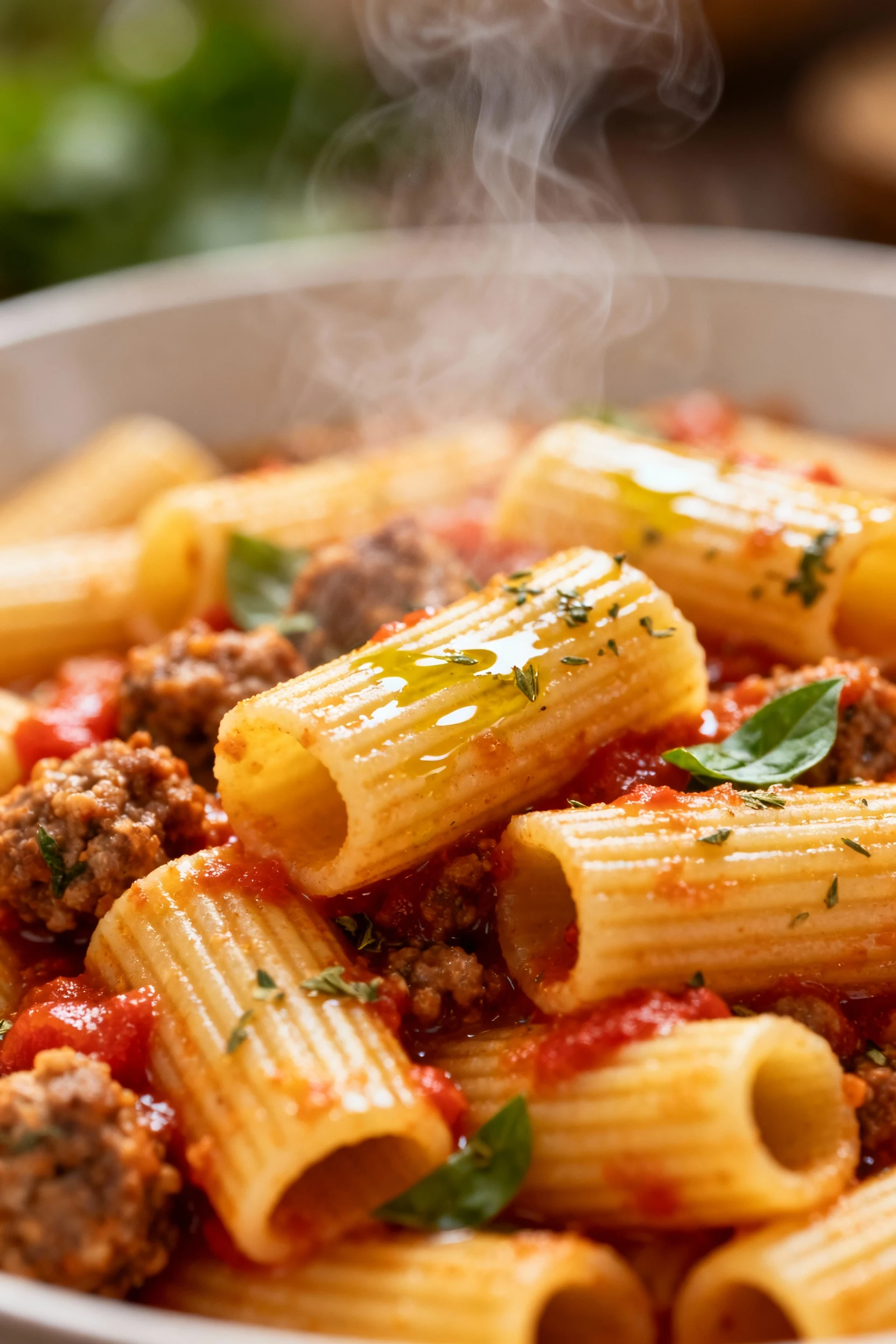 Close-up of al dente rigatoni coated in rich tomato and sausage sauce, ridges glistening with olive oil, flecks of orega