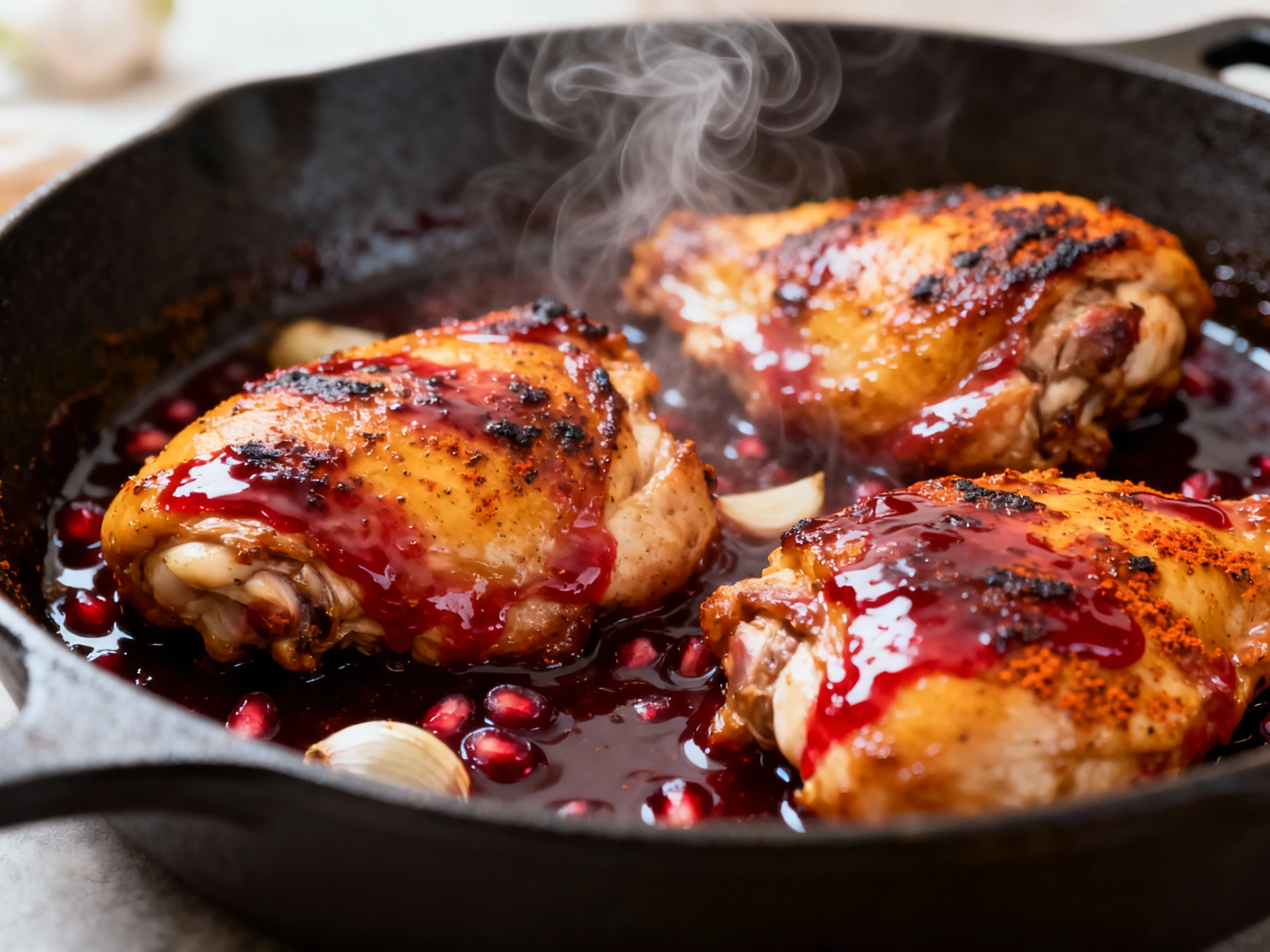 Food photography, Pomegranate-glazed chicken thighs bubbling in a cast-iron skillet, deep golden sear from smoked paprik