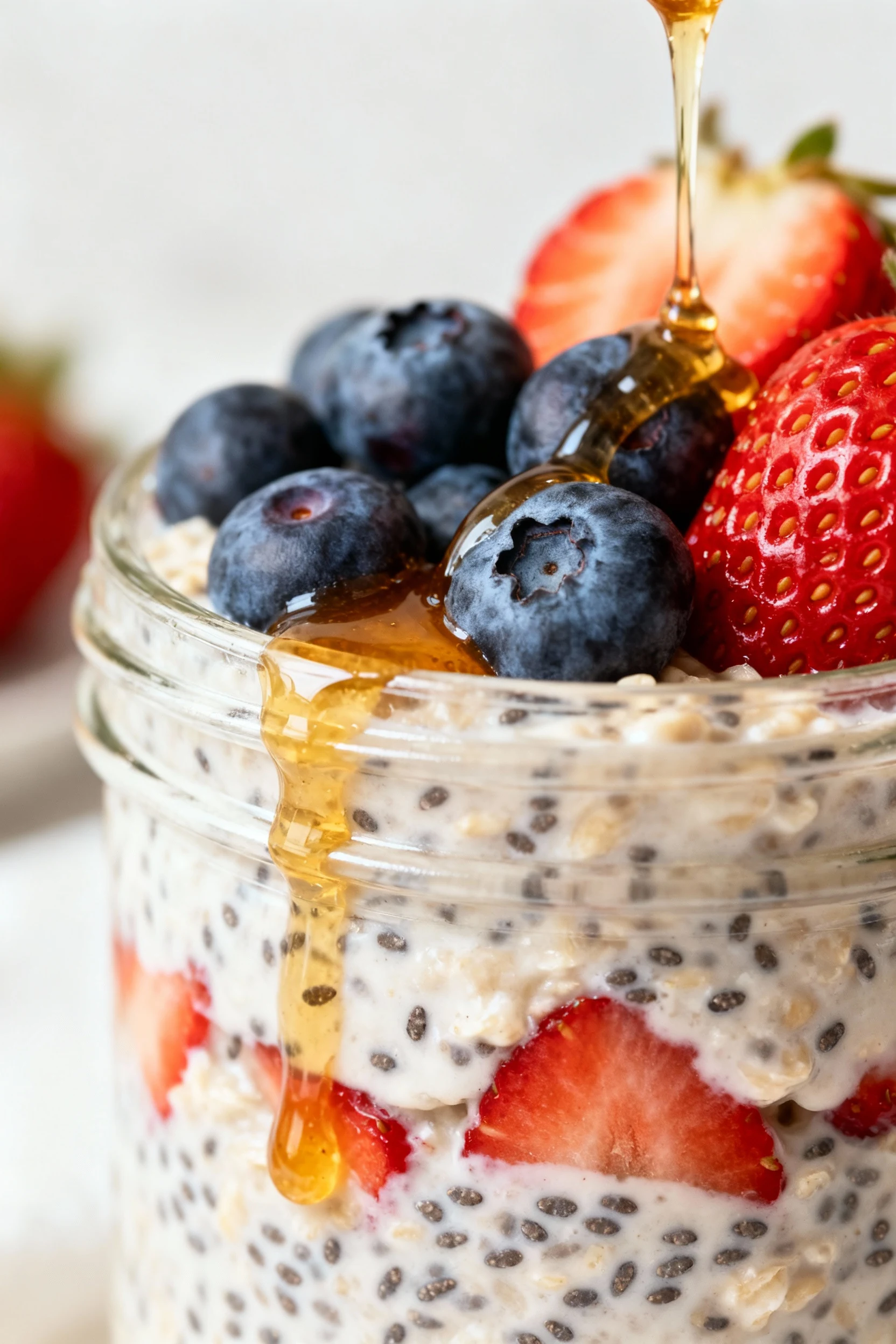 Close-up of creamy overnight oats layered with fresh blueberries and strawberries, golden drizzle of honey over chia-spe