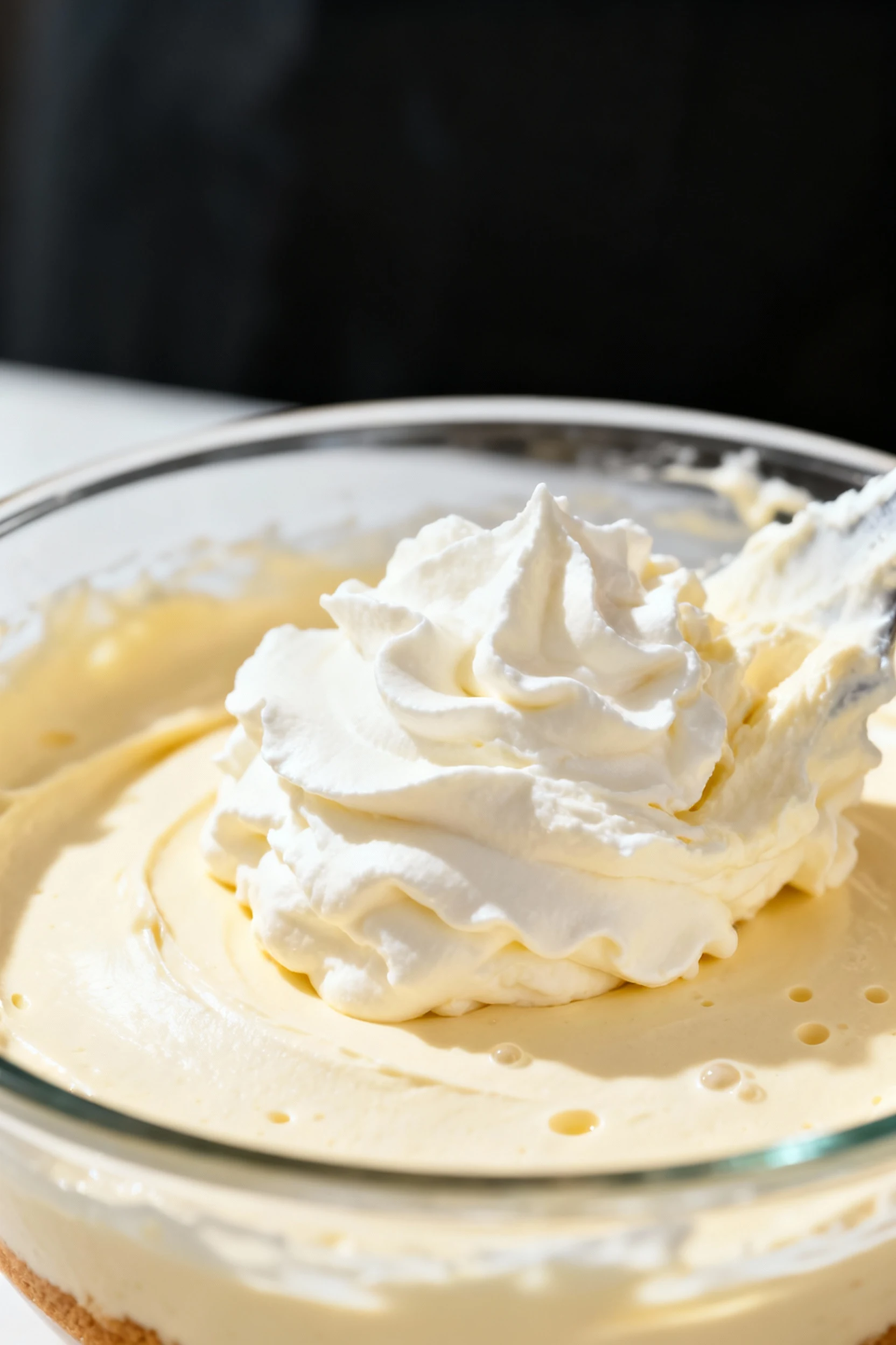 Close-up of a smooth, creamy no-bake cheesecake filling being gently folded with whipped cream in a glass mixing bowl, s