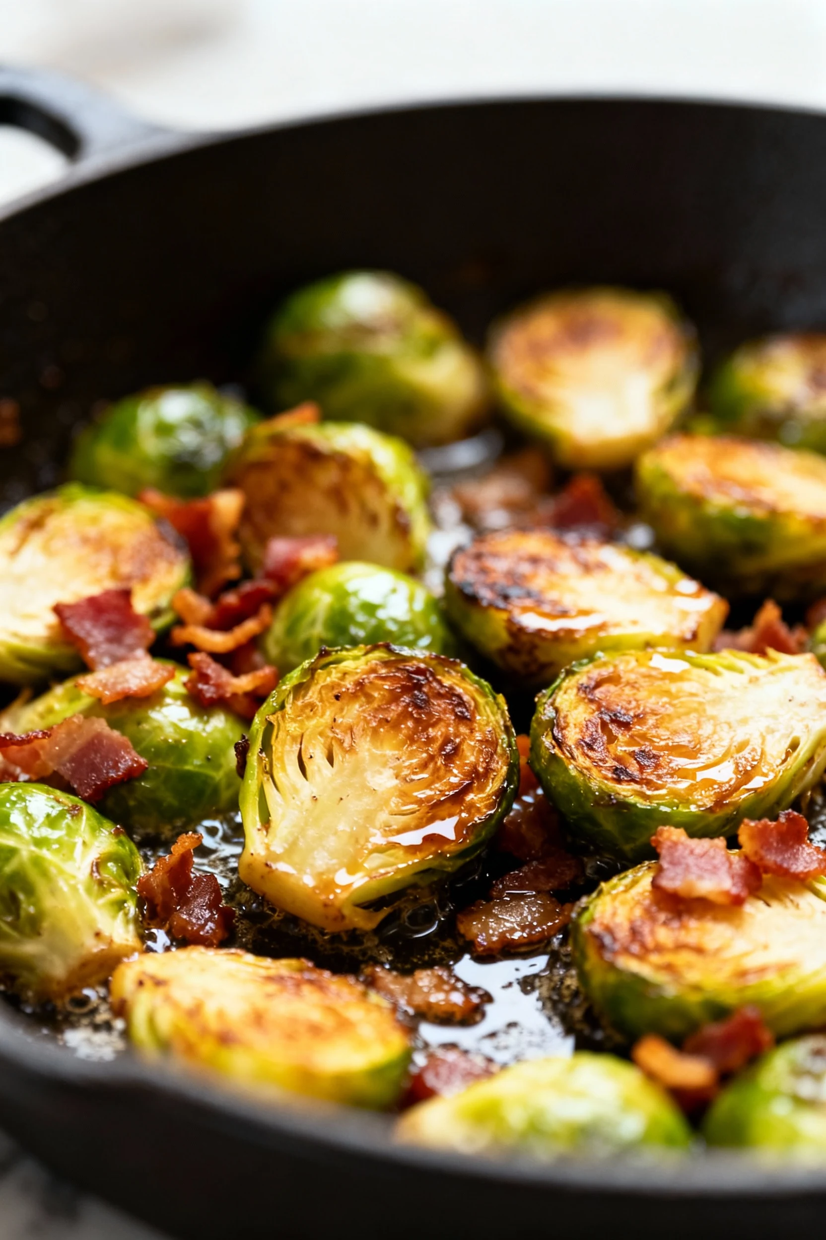 Close-up of golden-brown brussel sprouts with crispy bacon bits in a skillet, glistening with rendered fat, shallow dept