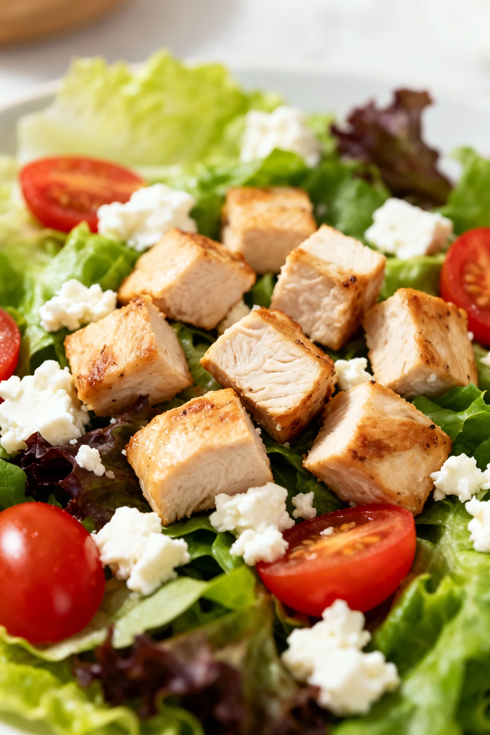 Close-up shot of cubed cooked chicken breast nestled among crisp mixed greens, cherry tomatoes, and crumbled feta, showc