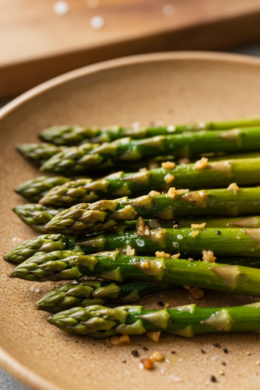 Close-up of baked asparagus tips with slightly crisp, caramelized edges, glistening from olive oil and flecks of minced 