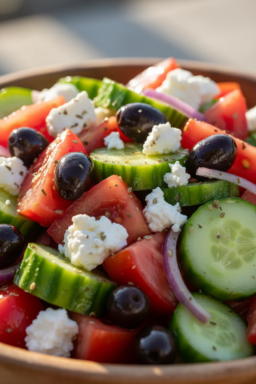Close-up detail of freshly tossed Greek salad with glistening olive oil coating vibrant red tomatoes, crisp cucumber, br
