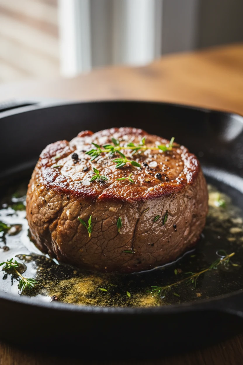 Close-up of perfectly seared filet mignon in a cast iron skillet, glistening with melted butter and speckled with fresh