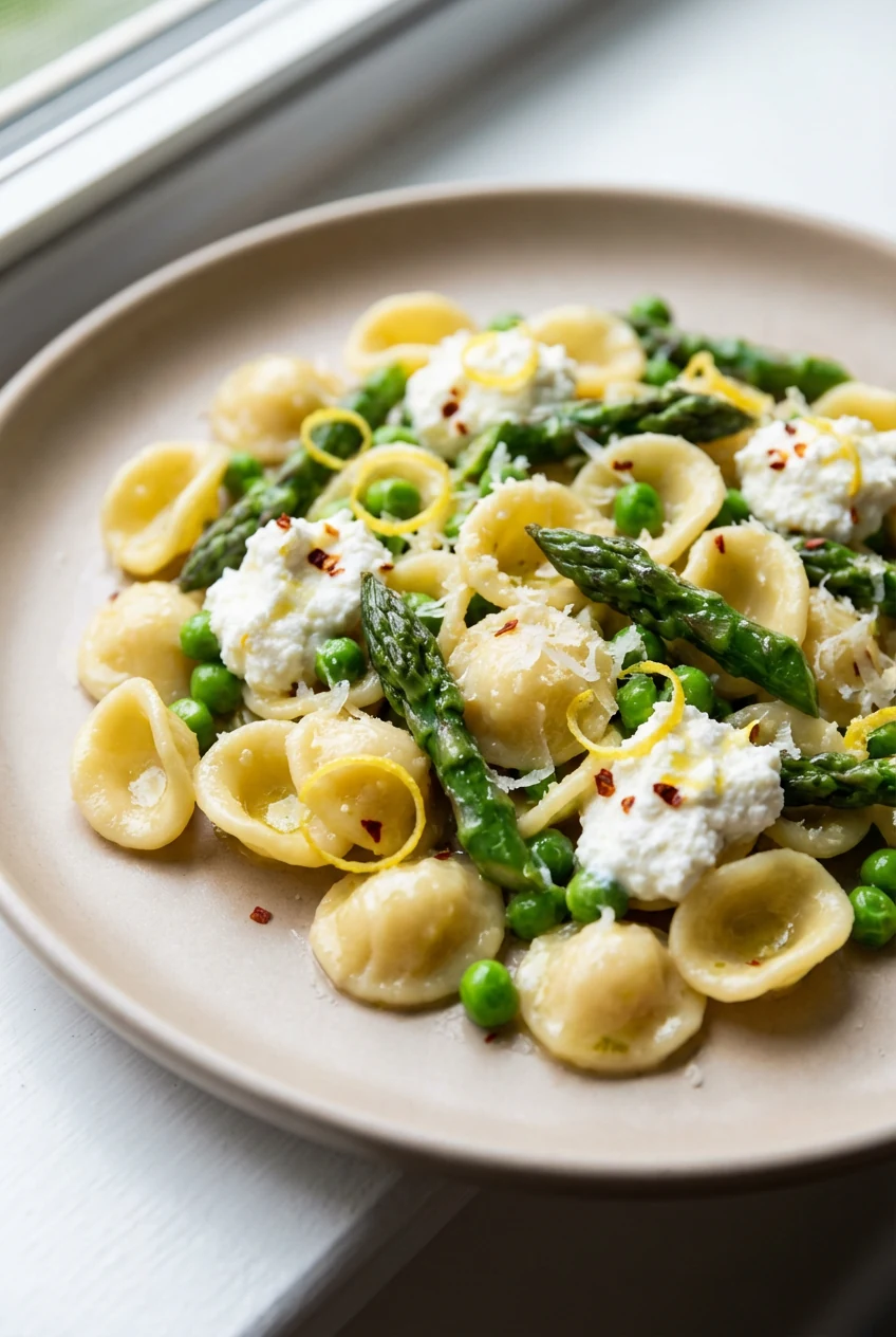 Close-up of glossy orecchiette coated in emulsified lemon–olive oil sauce, with crisp-tender asparagus tips, sweet peas,
