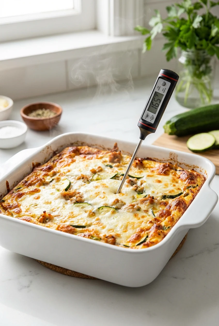 One-pan turkey, ricotta, and zucchini bake just out of the oven in a 9x9 white ceramic dish, lightly golden top with mel