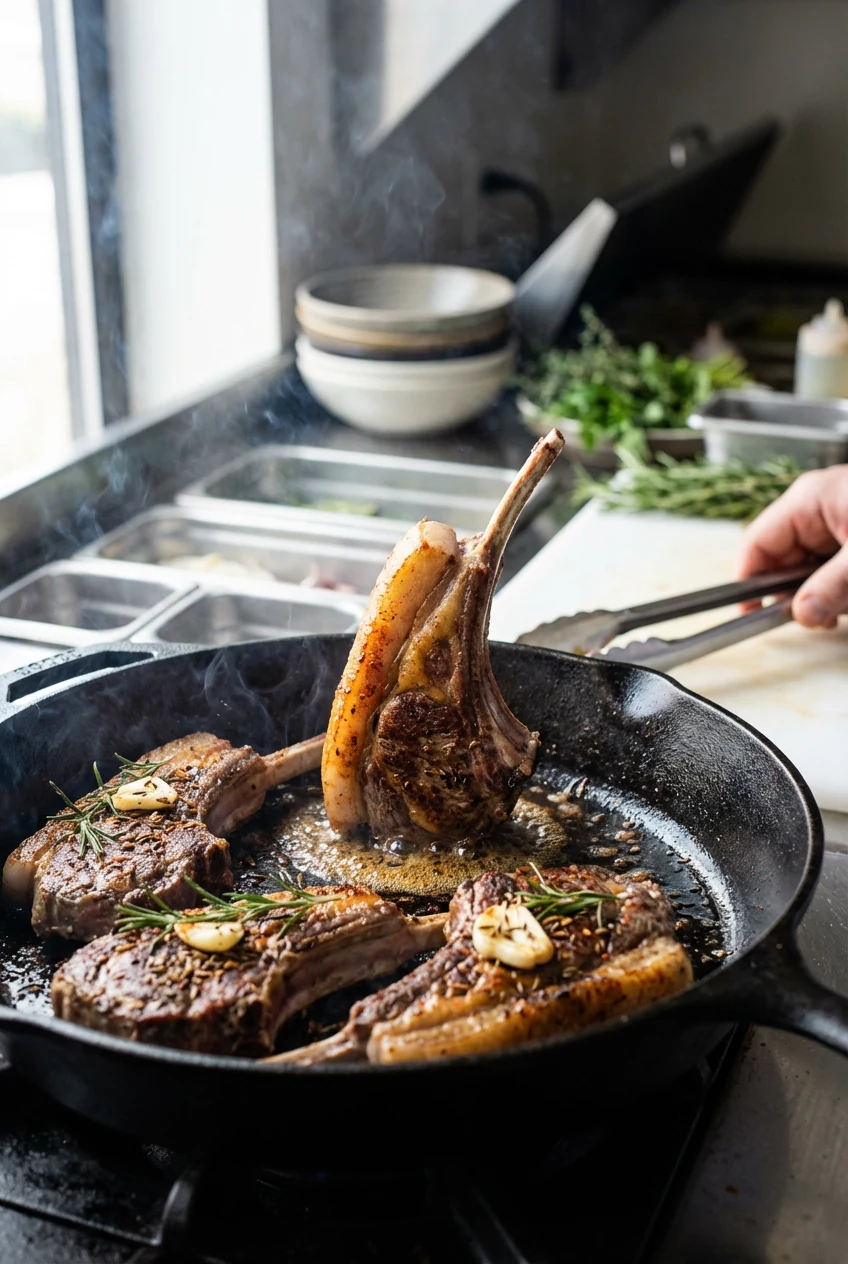 Skillet-seared lamb chops in a cast-iron pan, crust forming with rosemary, garlic, cumin, and smoked paprika flecks; one