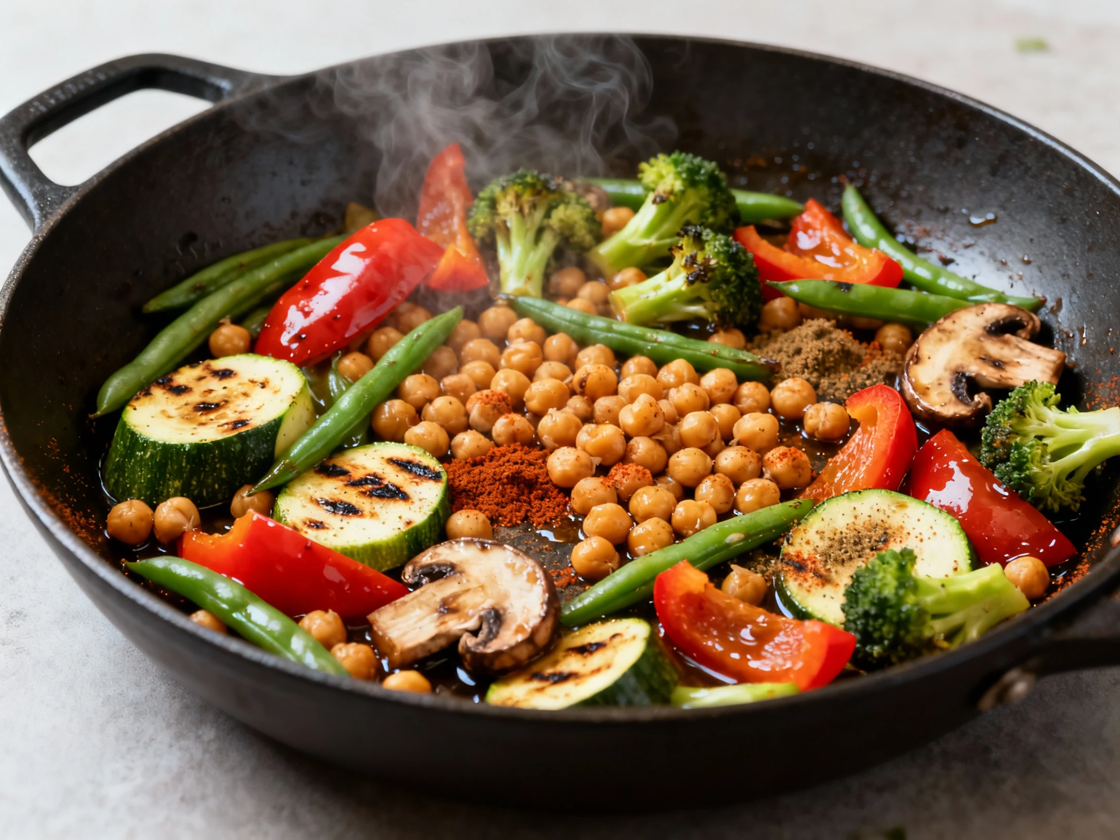 Food photography, Sizzling mixed vegetables (bell peppers, zucchini, broccoli, mushrooms, green beans) and chickpeas sea