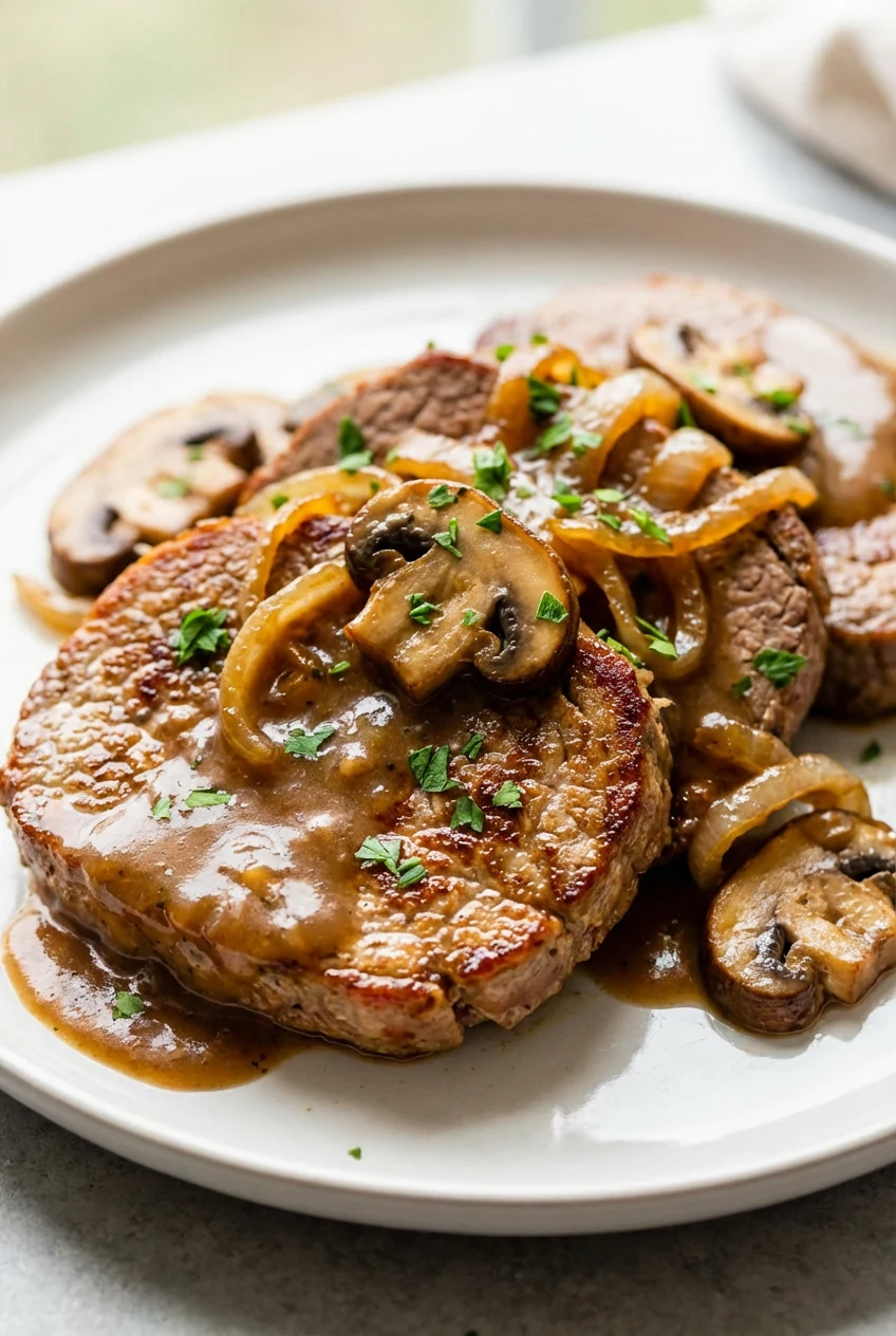 Close-up of sliced round steak smothered in silky beef gravy with caramelized onions and cremini mushrooms; golden seare