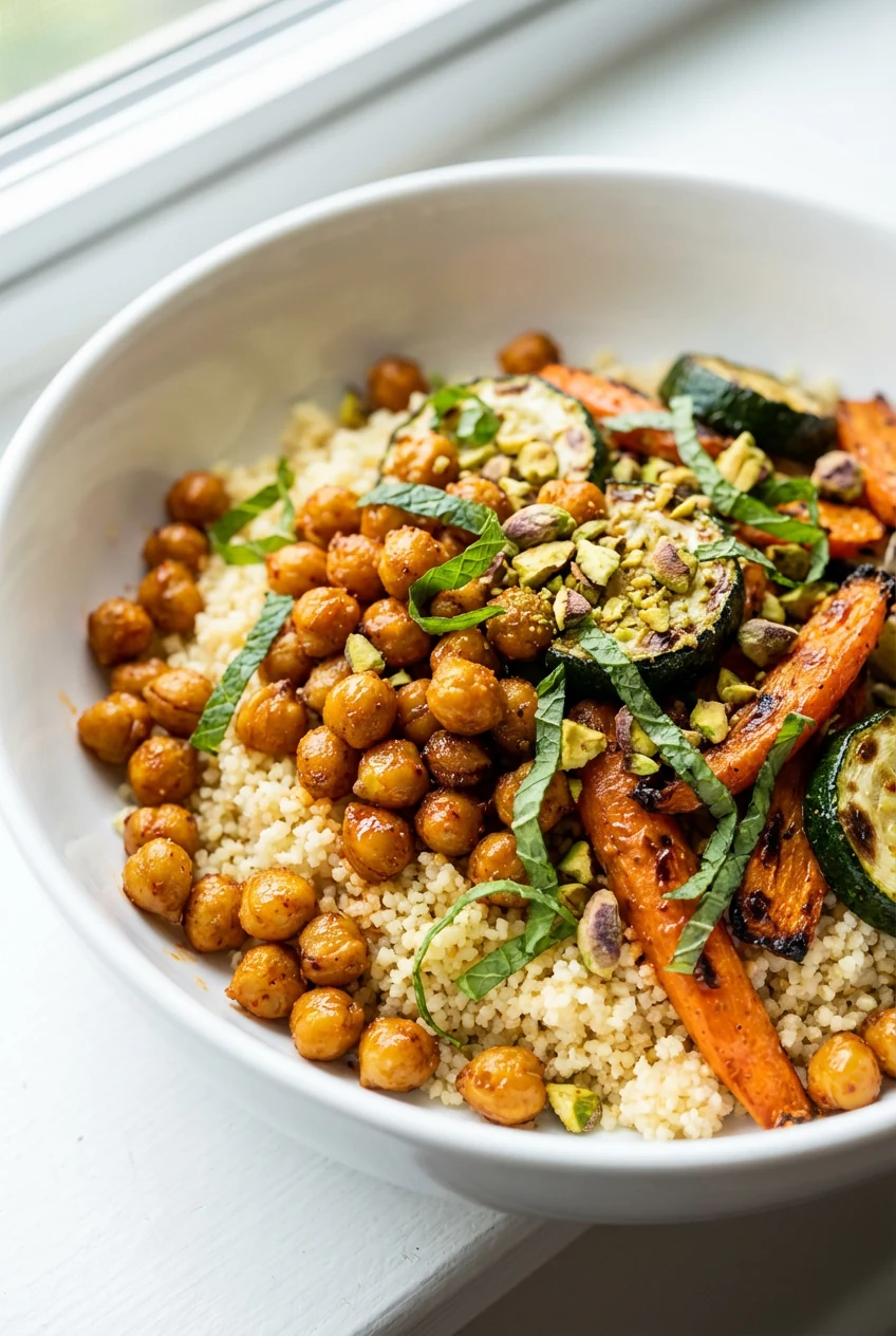 Close-up of Roasted Veg & Chickpea Harissa: crispy roasted chickpeas over couscous with charred zucchini and carrots, gl