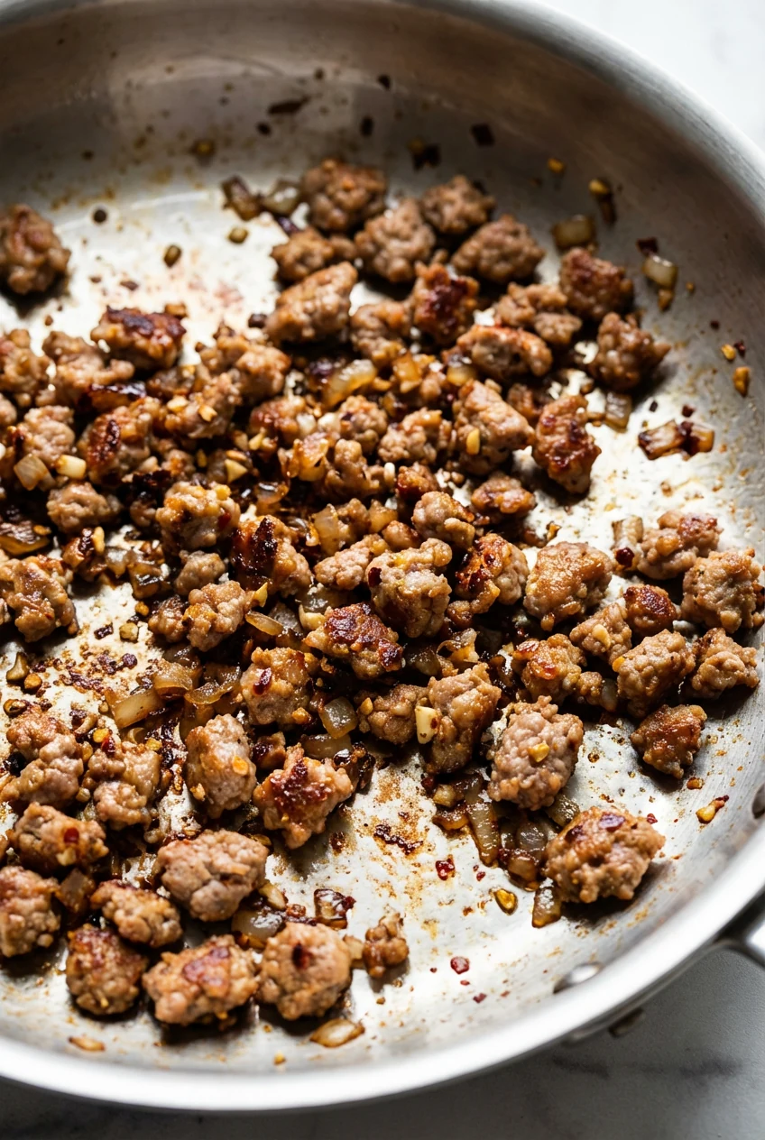 1. Close-up of crispy, well-browned ground pork crumbles in a stainless-steel skillet, caramelized fond, flecks of onion
