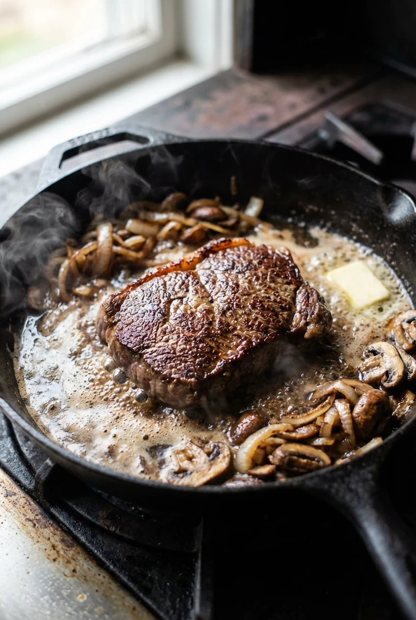 Close-up of cube steak searing in a cast-iron skillet: deep brown crust and sizzling butter, browned onions and cremini