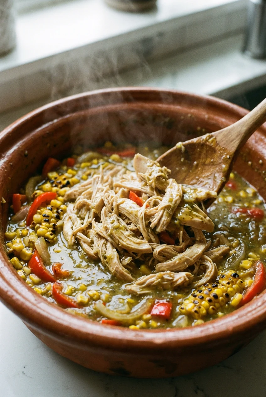 Close-up of shredded slow-cooker chicken being folded back into the saucy corn, red bell pepper, and onion; glossy salsa