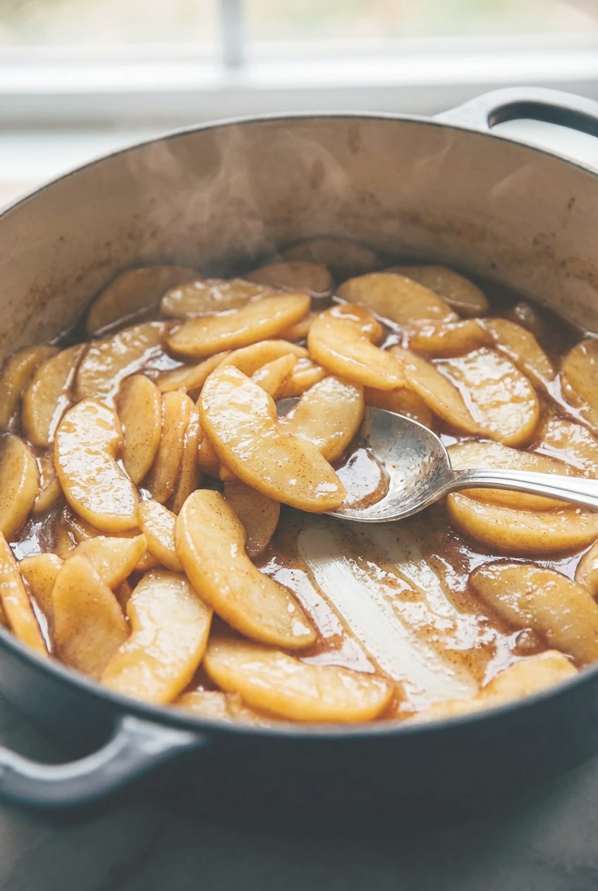 Close-up of the cooked apple filling in a wide Dutch oven at the clear-and-glossy stage: tender‑crisp 1/4‑inch slices in