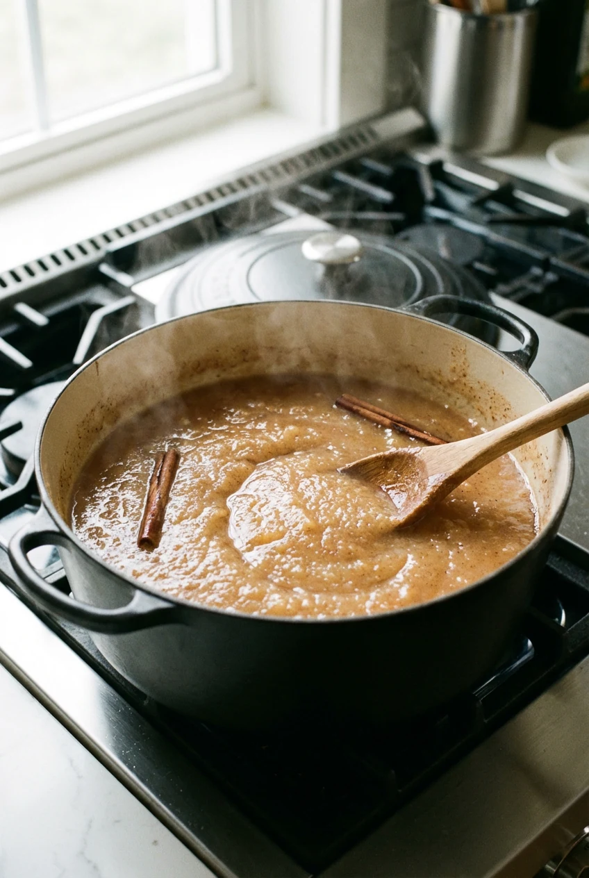 Applesauce simmering in a wide Dutch oven: thick, bubbling sauce with visible cinnamon flecks and gentle steam, wooden s