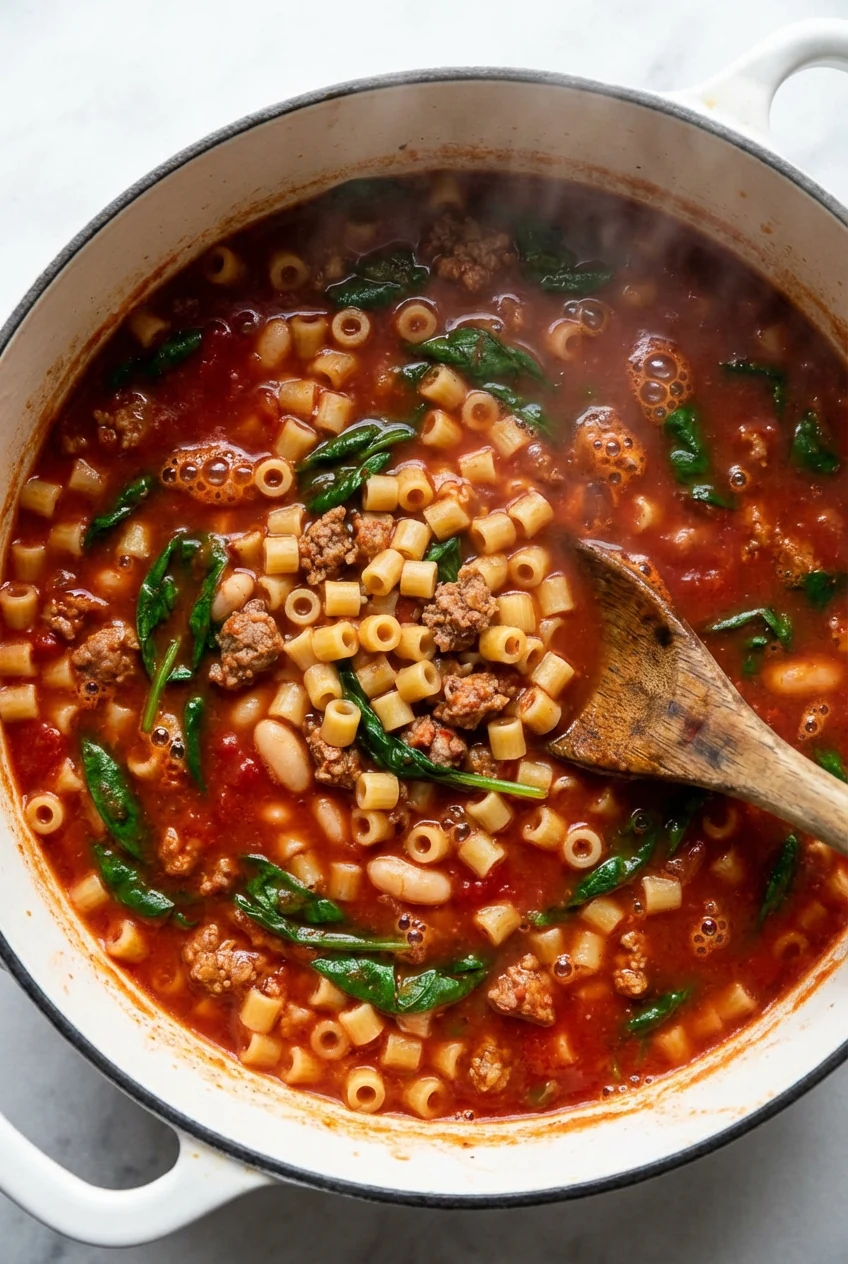 Overhead, one-pot ditalini simmering in tomato broth with cannellini and wilted spinach; browned Italian sausage bits; d