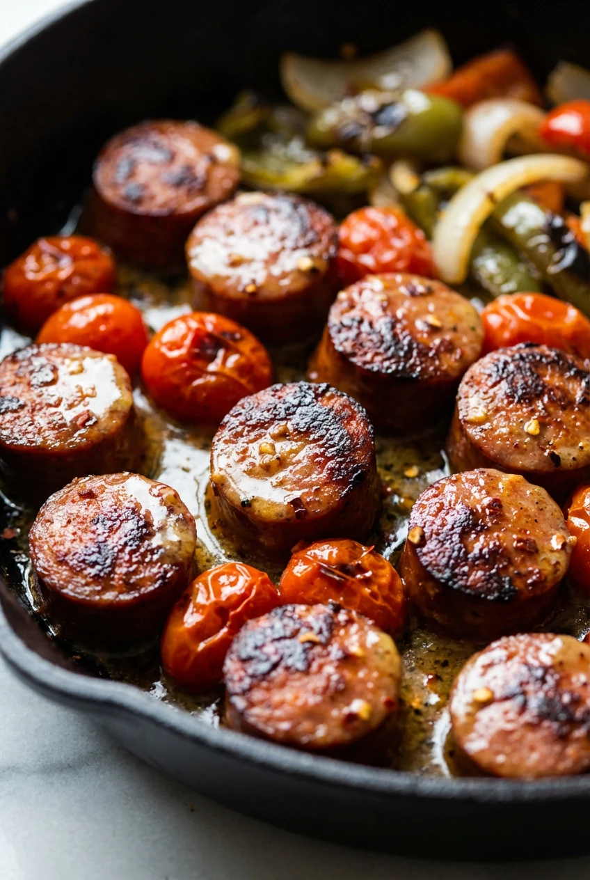 Close-up of hard-seared sausage rounds with mahogany-crisp edges in a black skillet, glossy lemon–Dijon sauce clinging, 
