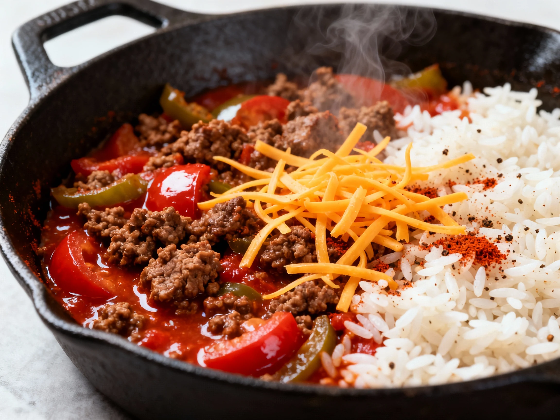 Food photography, Close-up of fluffy long-grain rice mingled with deeply browned ground beef, glossy tomato juices, soft
