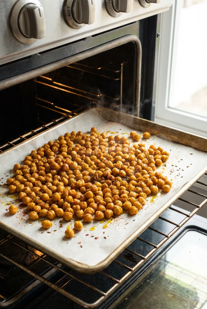 1. Cooking process: Masala-roasted chickpeas mid-bake at 425°F on a parchment-lined sheet pan—deep golden-brown, spice-c