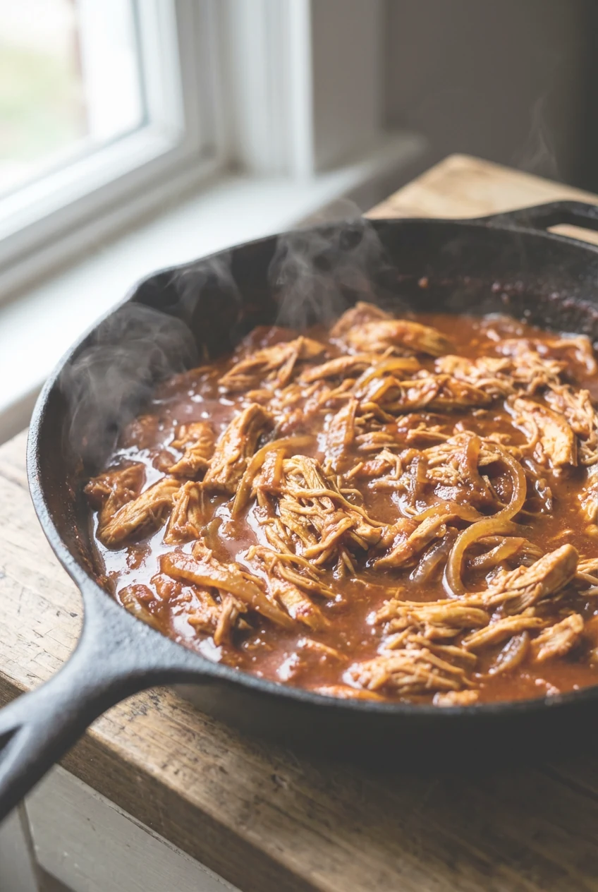 1. Close-up of shredded chicken tinga simmering in a glossy chipotle–tomato adobo sauce, sauce clinging to fibers with v