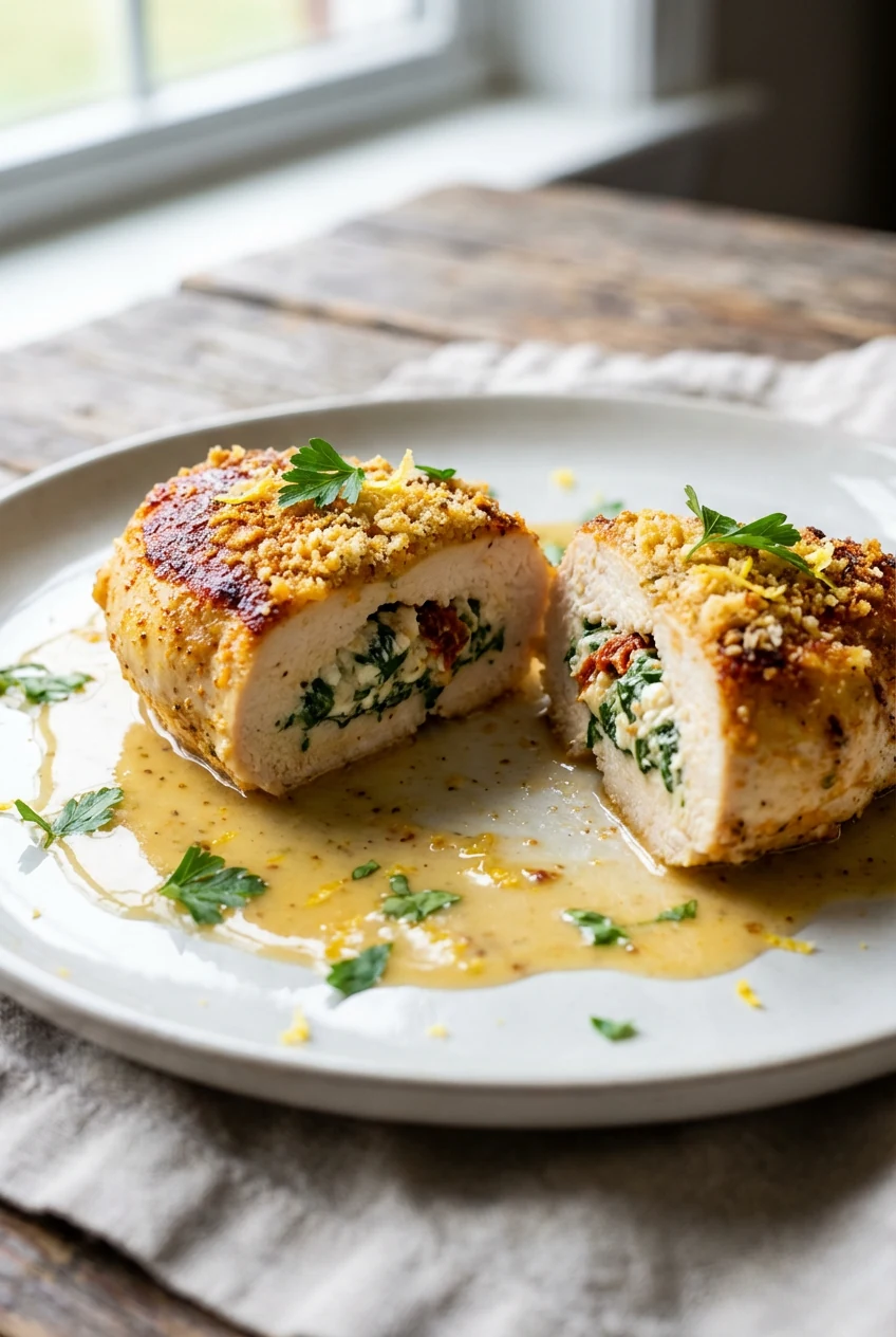 Close-up of sliced Spinach & Feta stuffed chicken breast, golden seared exterior with Parmesan-paprika crust, creamy spi