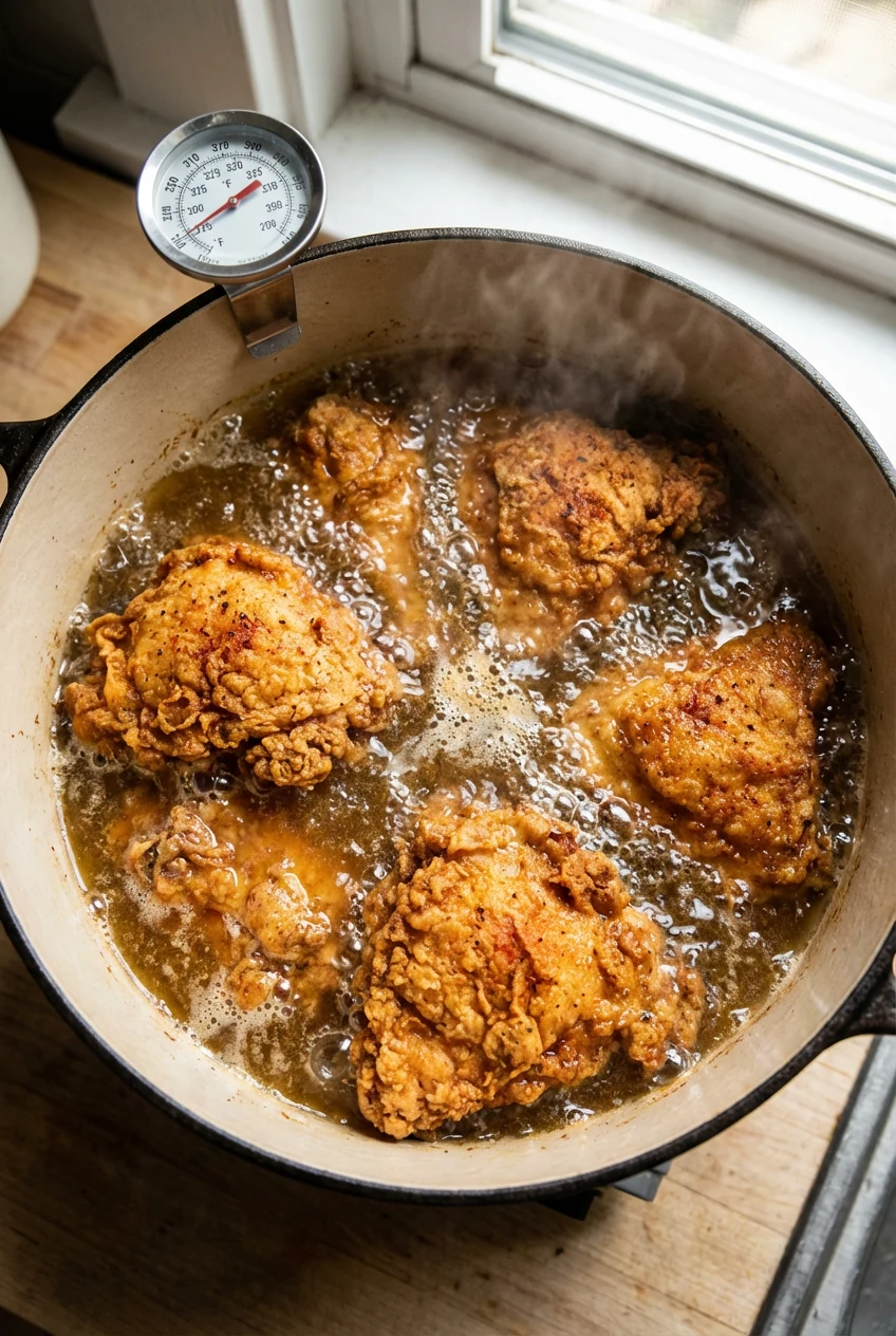 Buttermilk fried chicken mid-fry in a Dutch oven at 325–350°F, deep golden craggy crust with paprika flecks, oil bubblin