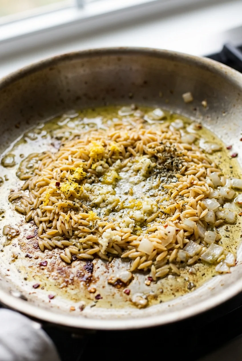 Close-up of orzo toasting in butter with minced garlic, lemon zest, Italian seasoning, and translucent onion in a 12-inc