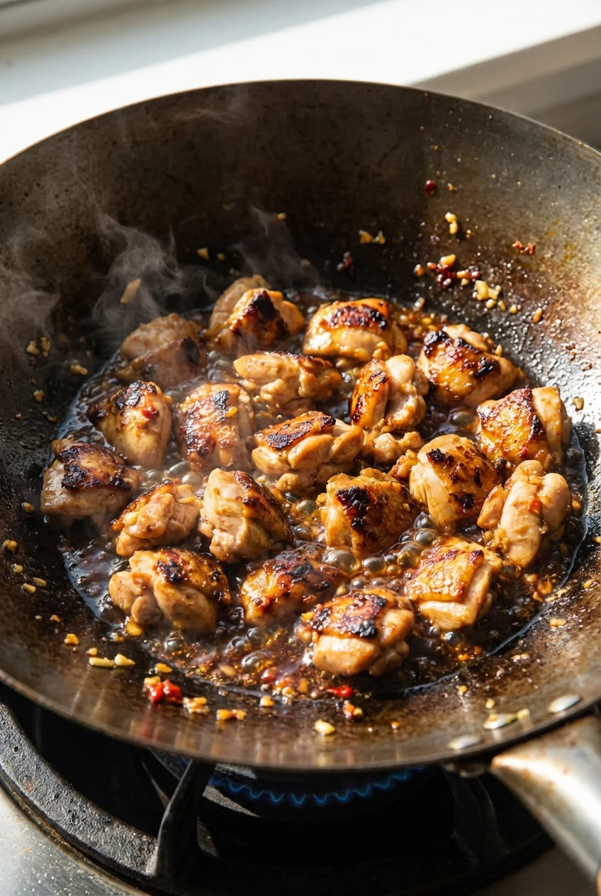 Sizzling bite-size chicken in a wok, high-heat sear with caramelized edges and browned fond; soy–brown sugar–oyster glaz