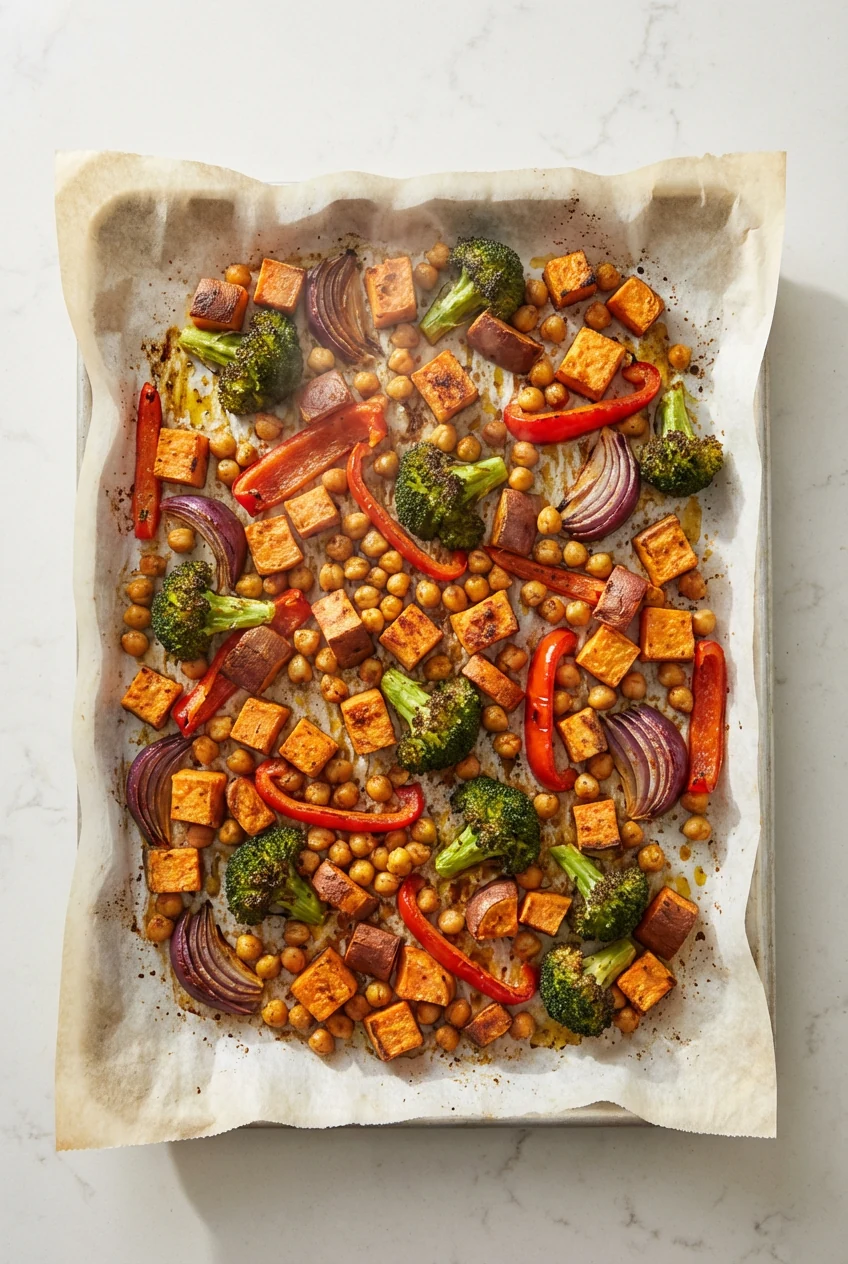 Overhead shot of a parchment-lined sheet pan just out of a 425°F oven, roasted sweet potato cubes, broccoli florets, red