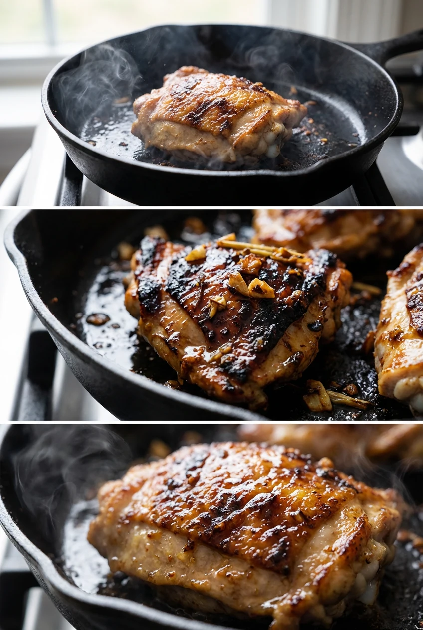 Cooking process: Lemongrass chicken thighs searing in a ripping-hot cast-iron skillet, caramelized lemongrass–garlic cru