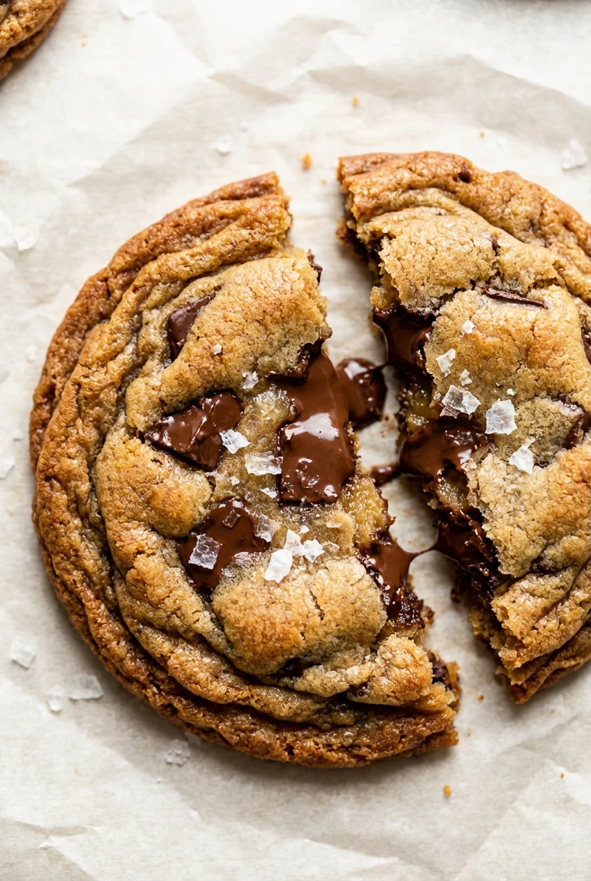 Extreme close-up of a warm chocolate chunk cookie torn in half, showing gooey semisweet chocolate puddles, a chewy cente