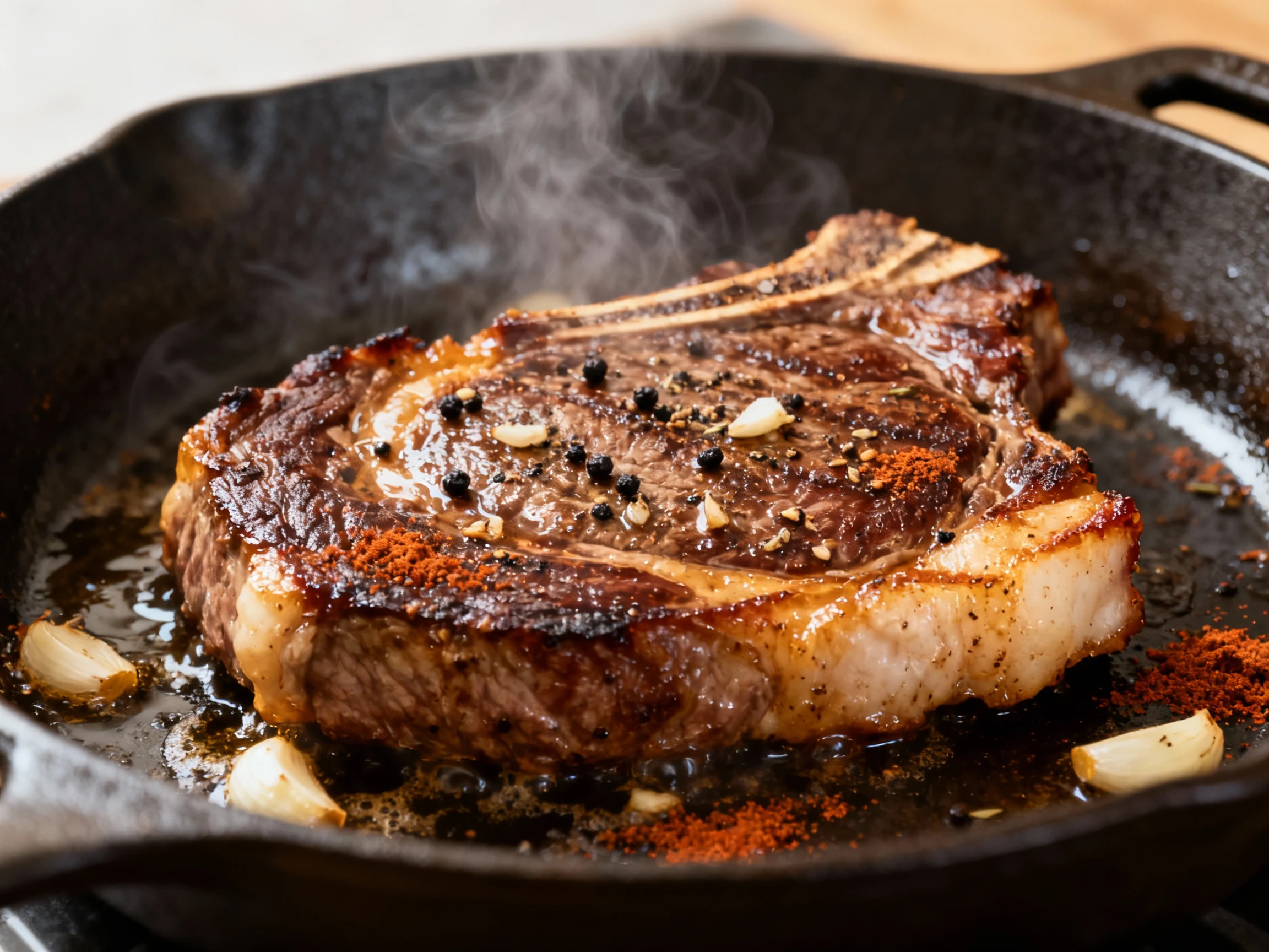 Food photography, Cooking process: Pat-dried ribeye searing in a ripping-hot cast-iron skillet, mahogany crust forming w