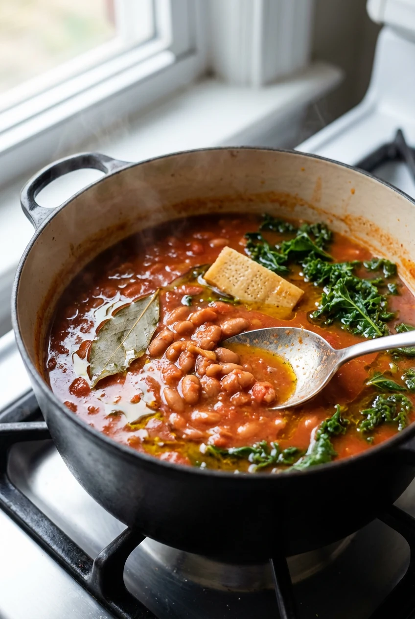 Cooking process: Dutch oven of smoky tomato herb beans simmering; spoonful of beans pressed against the pot wall to thic