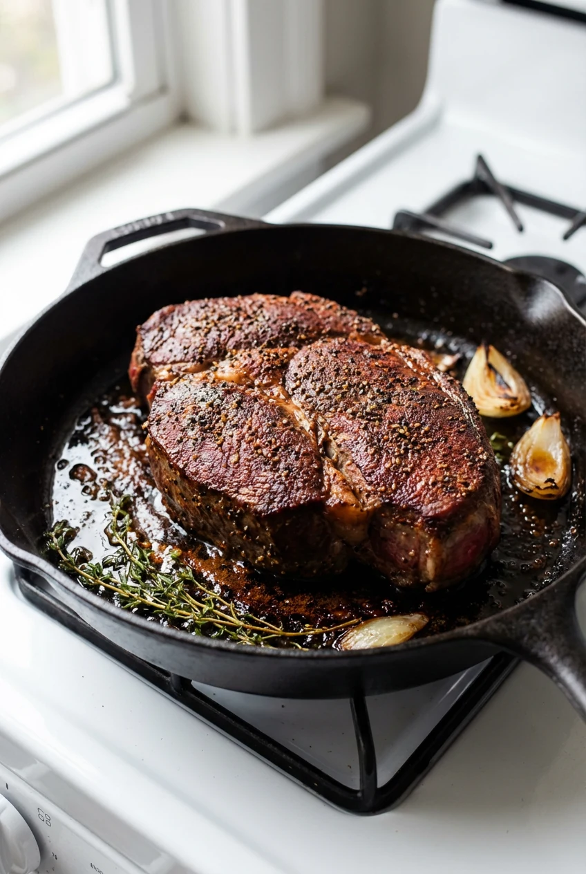 Close-up of a seared chuck roast in a heavy skillet, deep mahogany crust with black pepper and smoked paprika, carameliz