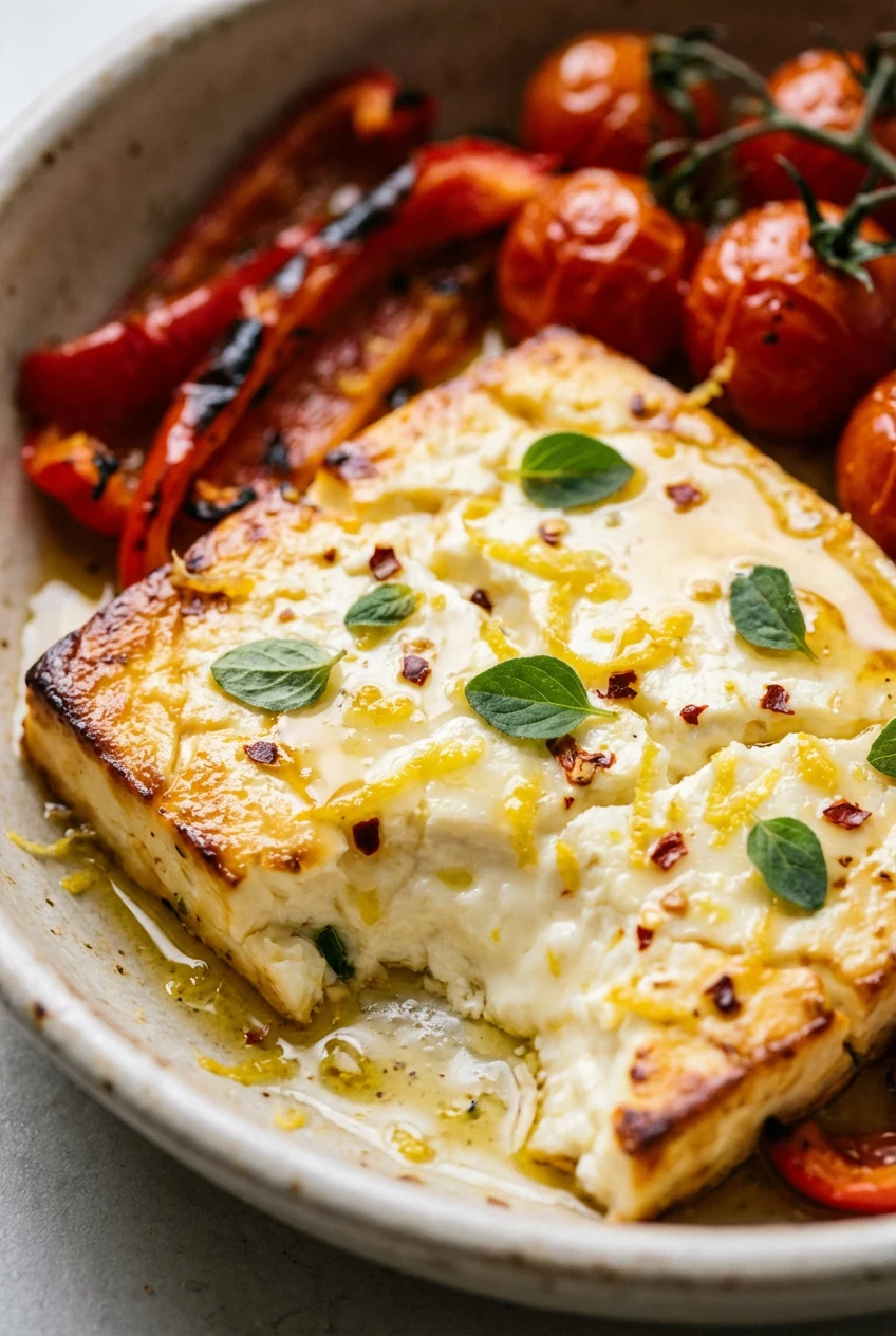 Macro close-up of baked feta with lightly browned edges and a custardy center, glistening olive oil, lemon zest, and hon
