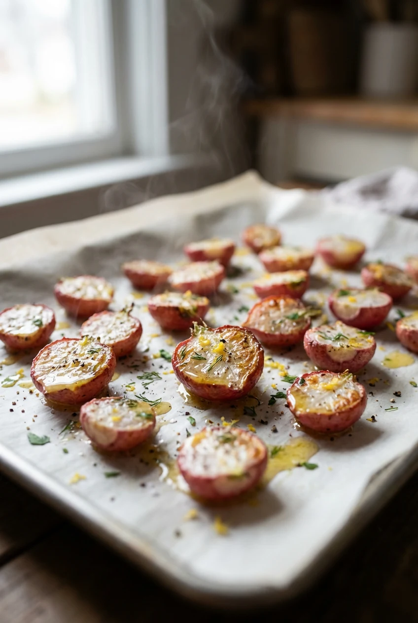 Roasted radishes with lemon butter & herbs just out of the oven: blistered halved radishes on a parchment-lined sheet pa