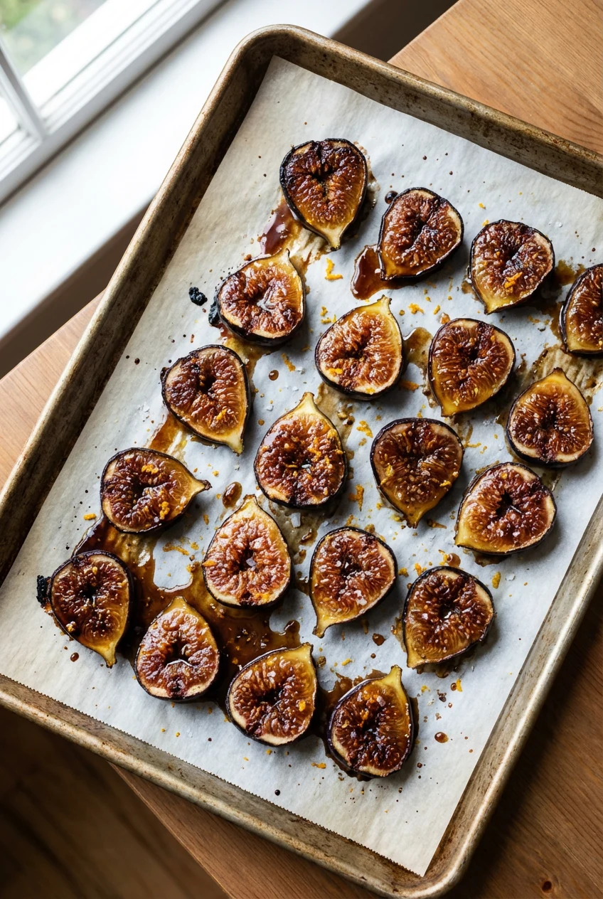 Overhead shot of freshly roasted fig halves on a parchment-lined sheet pan, cut-side up with glossy caramelized edges an