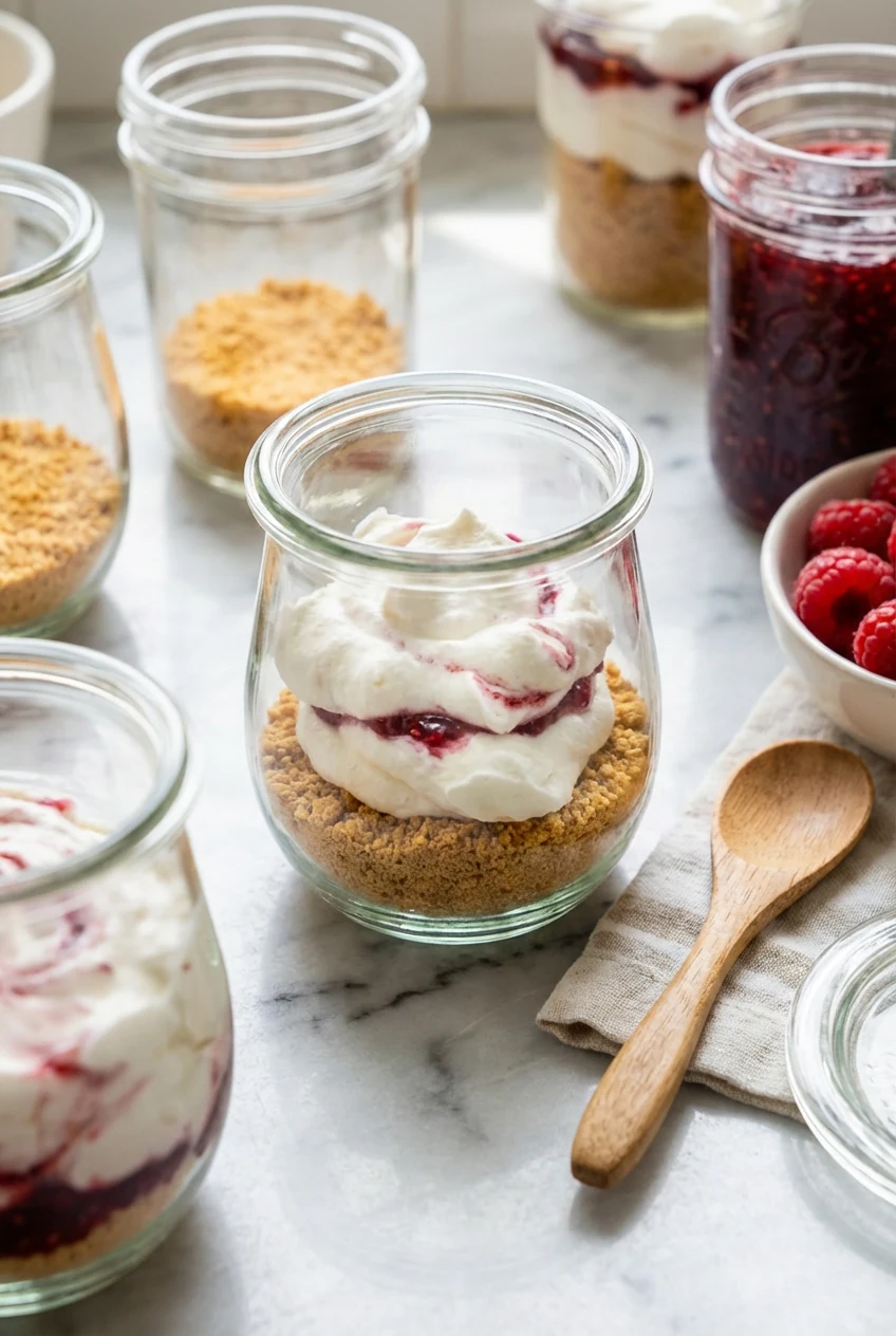 Cooking process, Berry Jam Swirl jars mid-assembly: clear glass jars with a neat graham cracker crumb base, a pillowy va