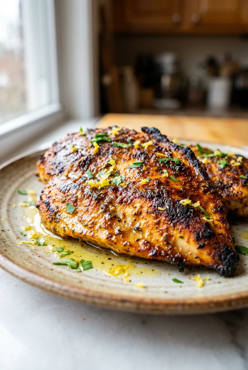 Close-up of juicy yogurt–lemon–garlic marinated chicken cutlet just roasted, glistening with olive oil, smoked paprika–o