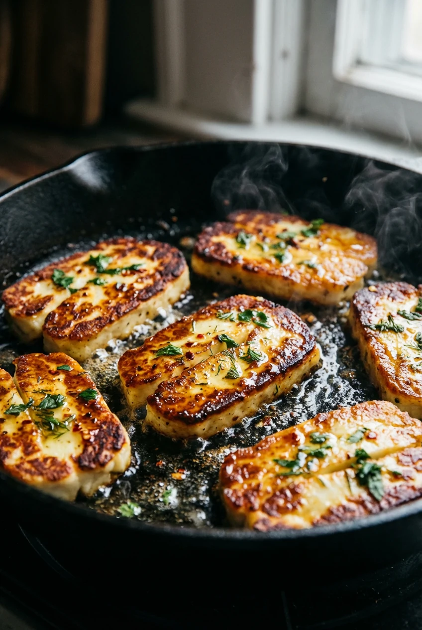 Close-up of seared halloumi slices in a cast-iron skillet, deep golden crust with bronzed edges, lemon-herb-honey glaze 