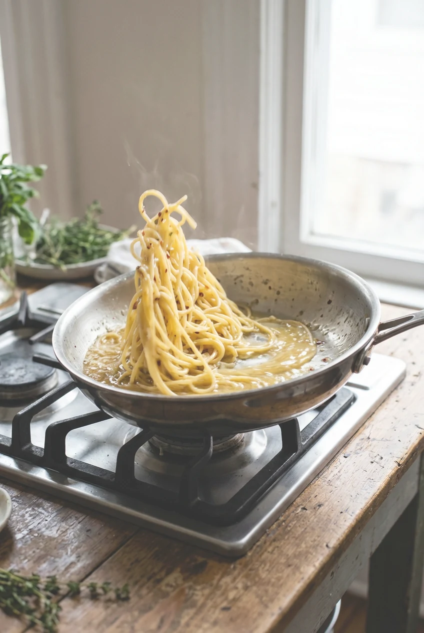 Skillet process shot: spaghetti being vigorously tossed in a glossy emulsified garlic-butter-Parmesan sauce, red pepper 