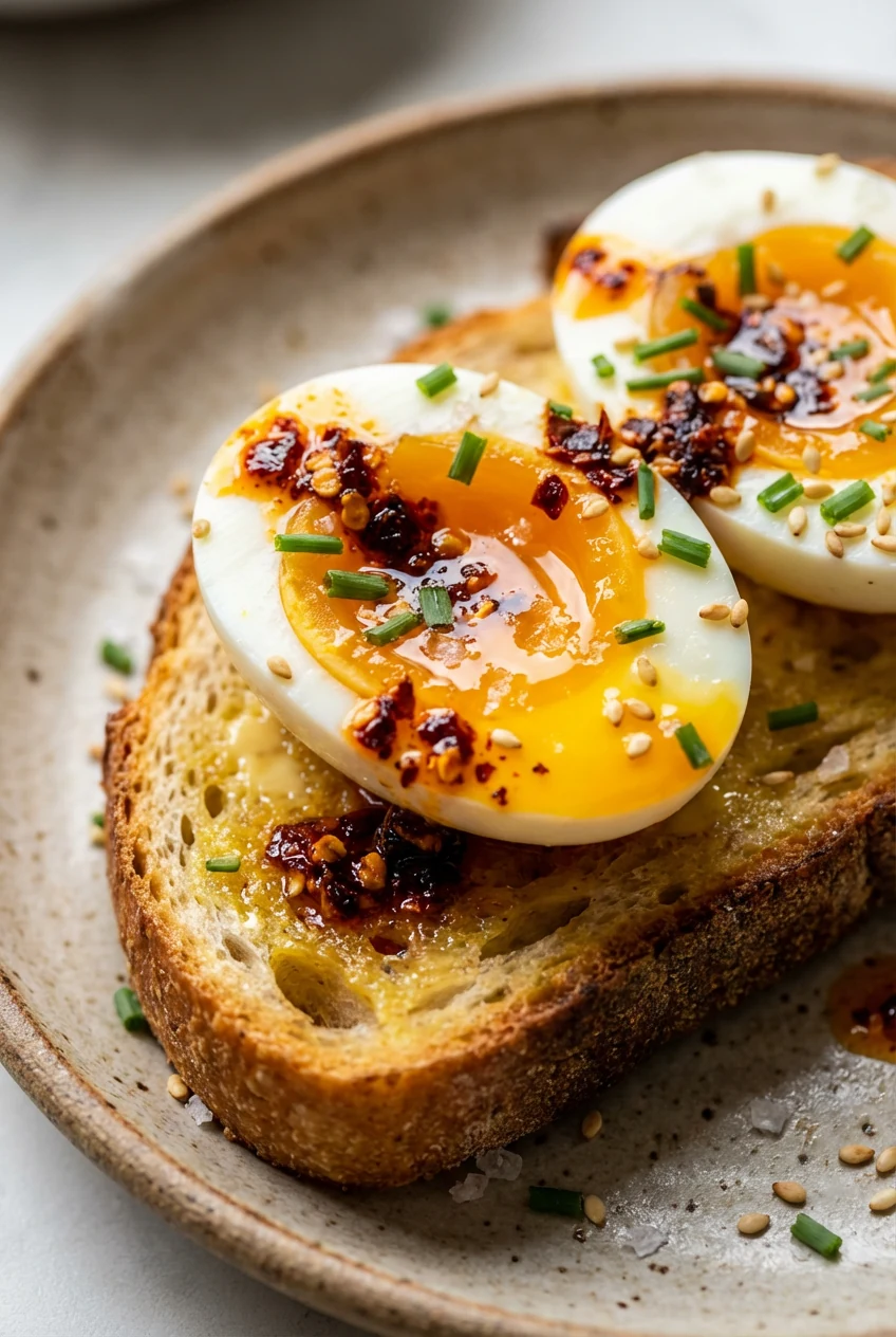 Close-up of halved jammy eggs on buttered sourdough toast topped with chili crisp, flaky sea salt, chives, and sesame se