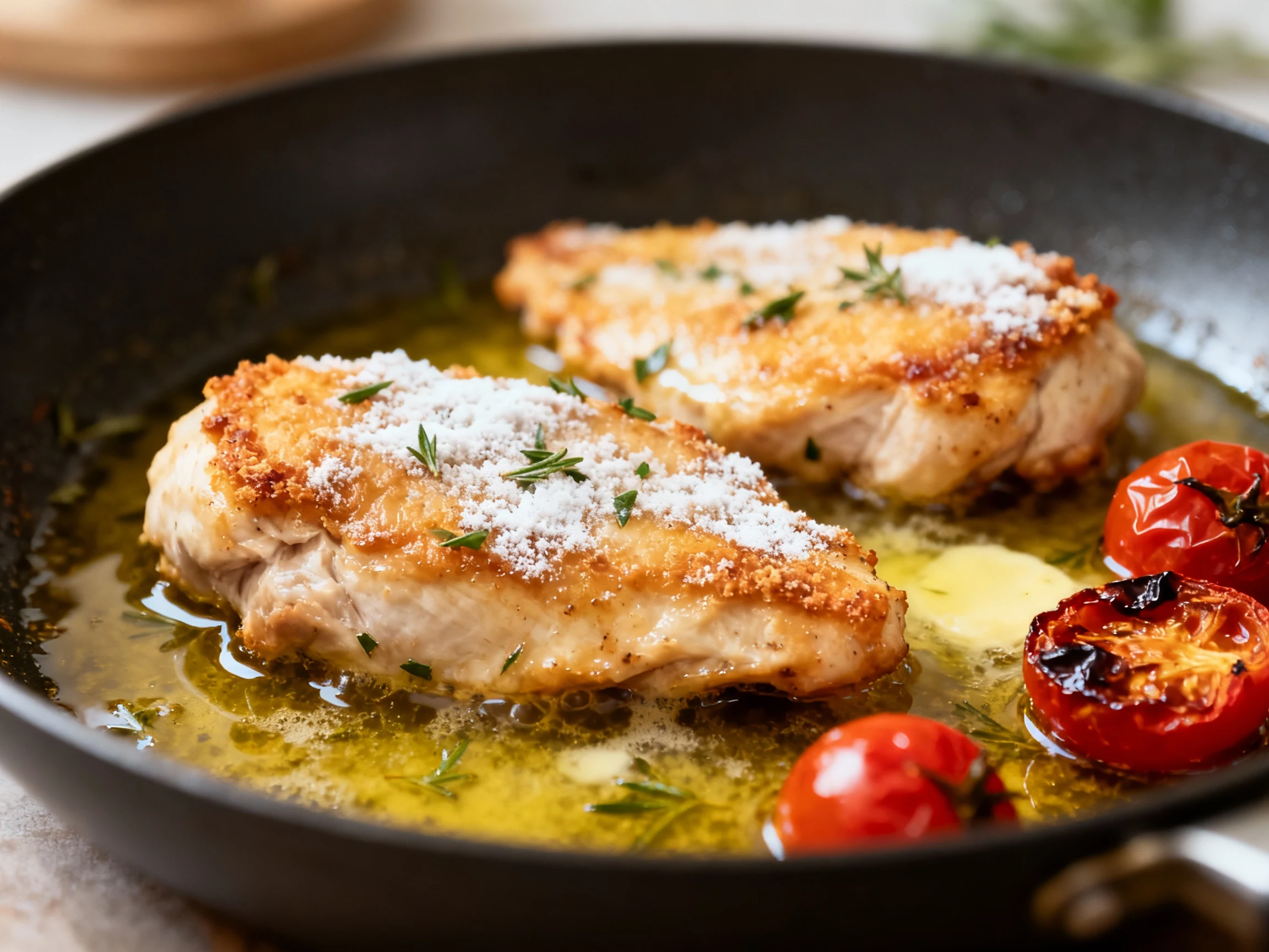 Food photography, Close-up of golden, lightly floured chicken cutlets searing in olive oil and butter; crisp edges, herb