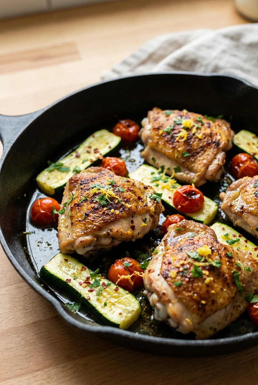 Close-up of lemon-herb chicken & zucchini in the skillet, seared chicken glistening with lemon juice and zest, cherry to