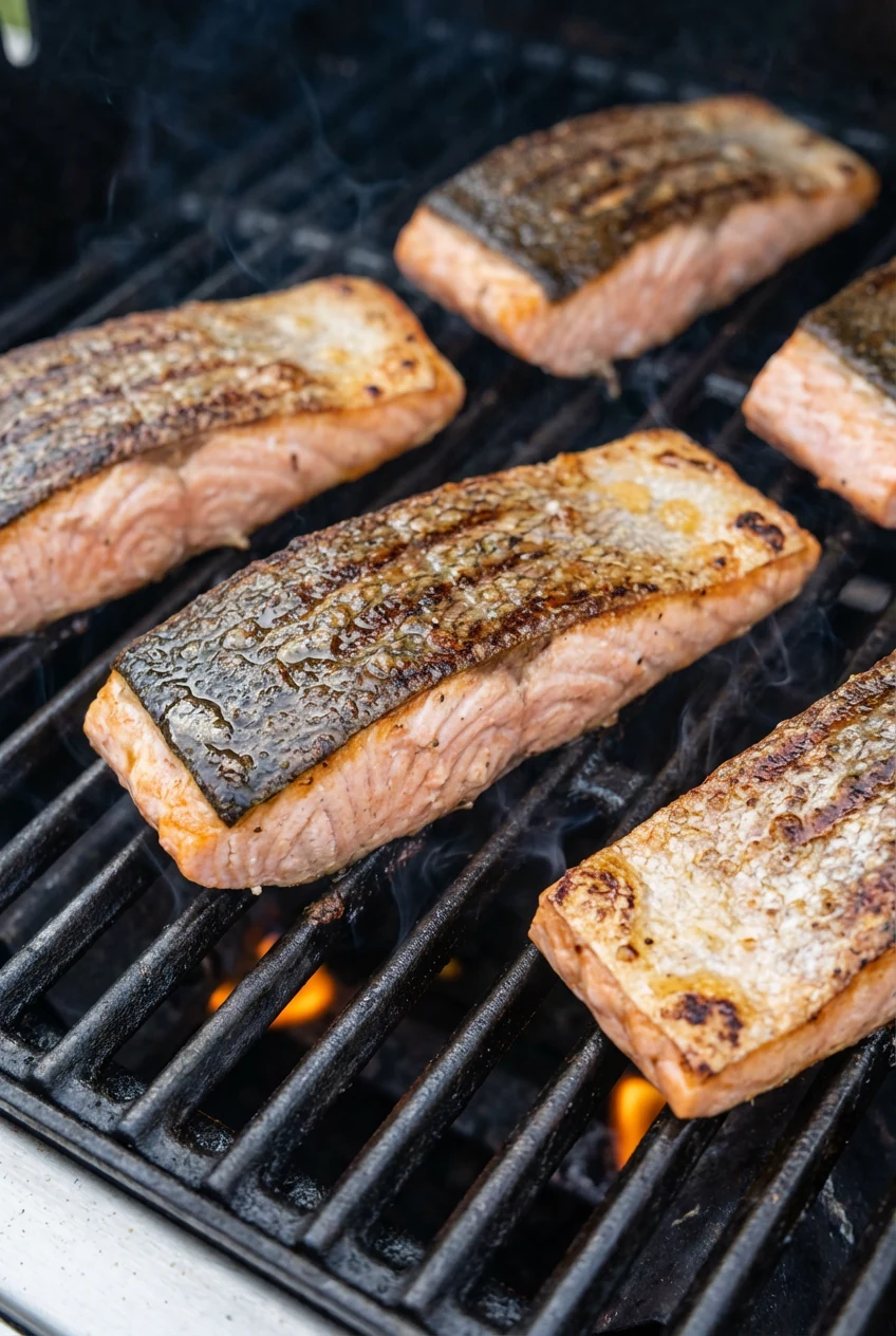 1. Skin-on salmon fillets sizzling skin-side down on clean, oiled grill grates at 450°F, crisping skin acting as a nonst